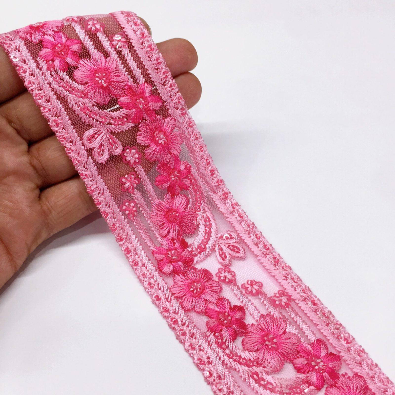 50mm Flower Design Embroidery lace with Sequins Work, shown on white cotton