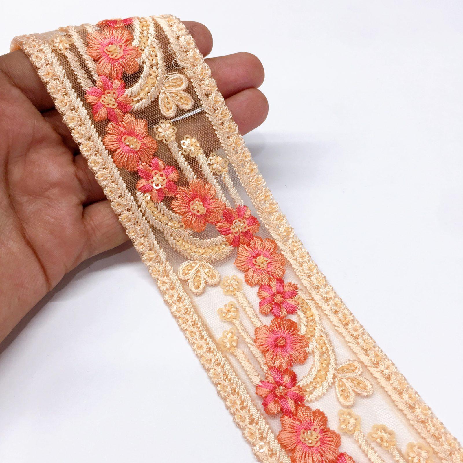 50mm Flower Design Embroidery lace with Sequins Work, shown on white cotton