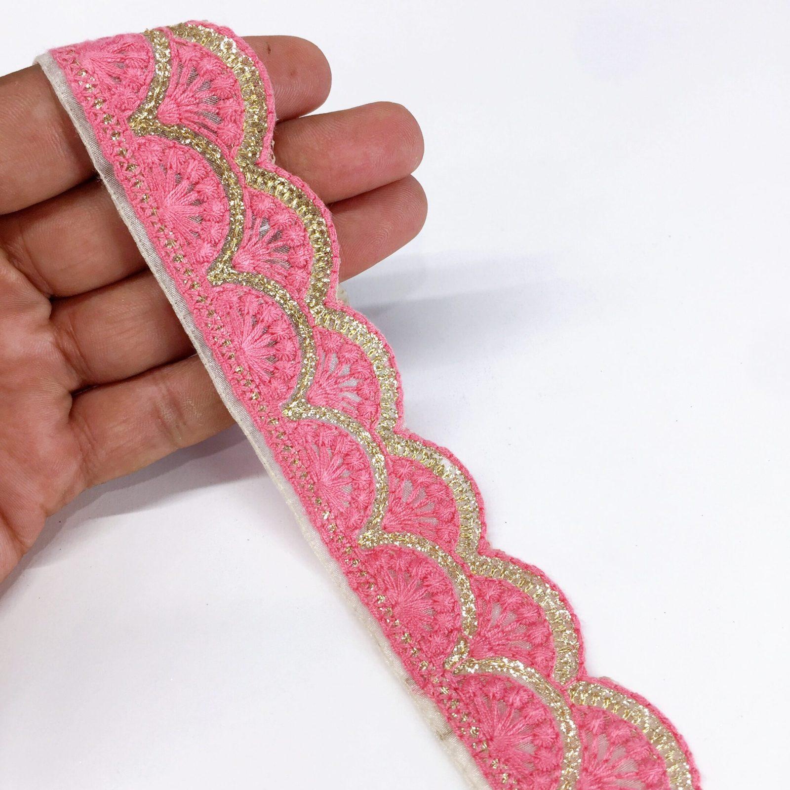 30mm Cutwork Design Embroidery Lace With Double Sequins Line Work, shown on white cotton