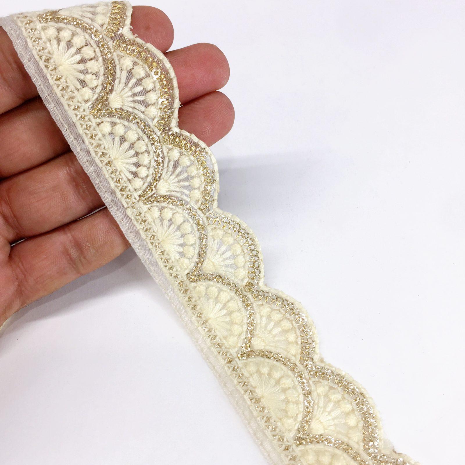 30mm Cutwork Design Embroidery Lace With Double Sequins Line Work, shown on white cotton