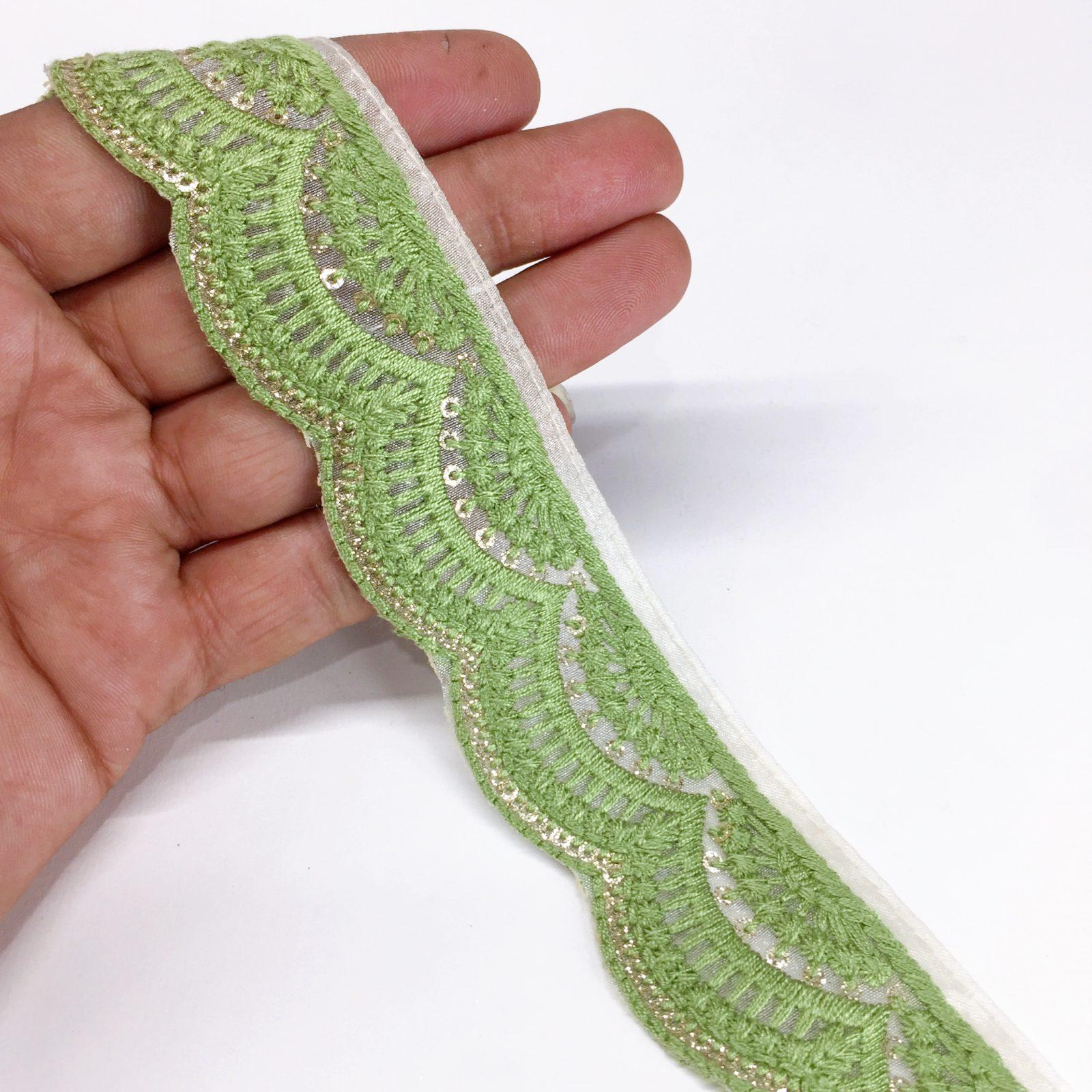 30mm Cutwork Design Embroidery Lace With Sequins Work, shown on white cotton