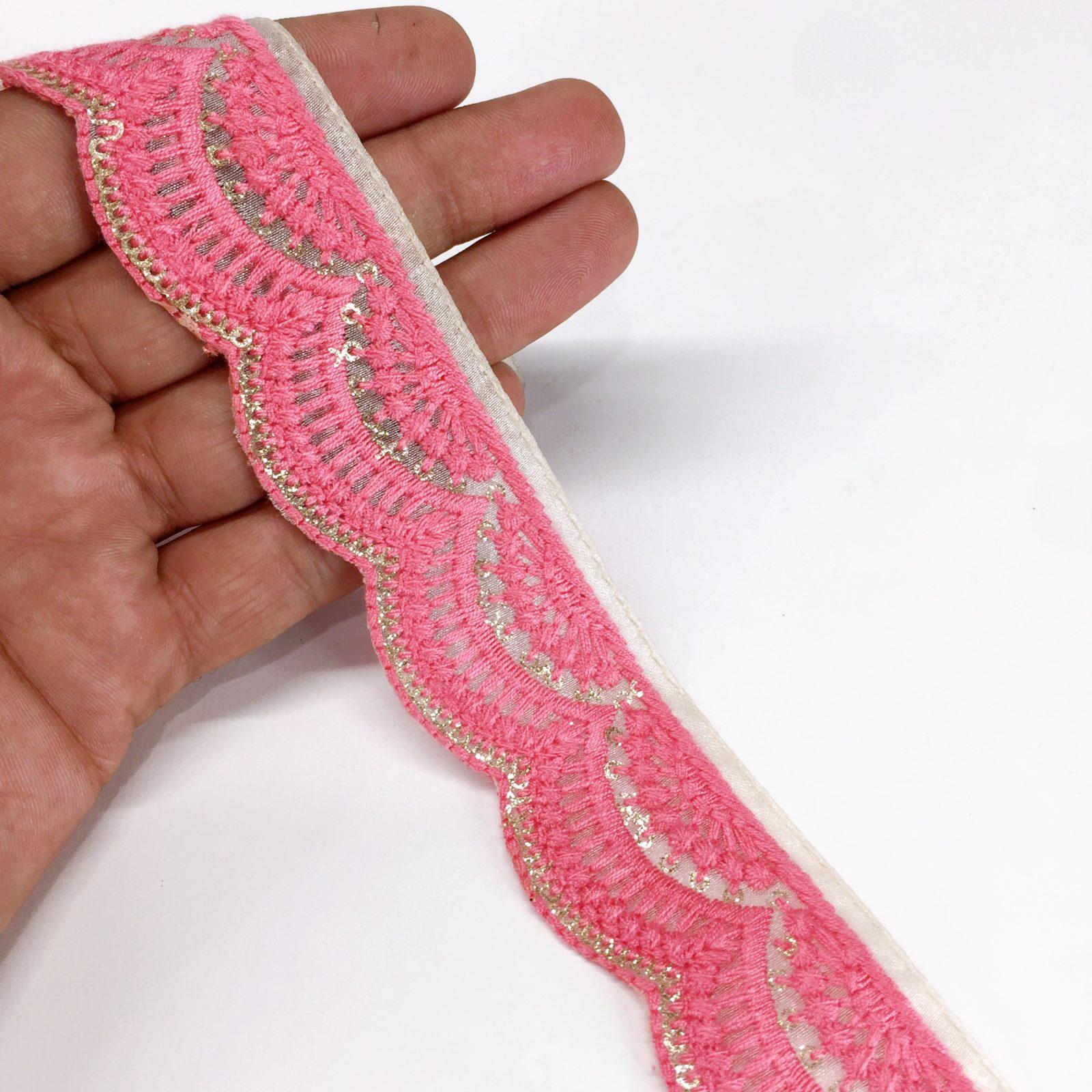 30mm Cutwork Design Embroidery Lace With Sequins Work, shown on white cotton