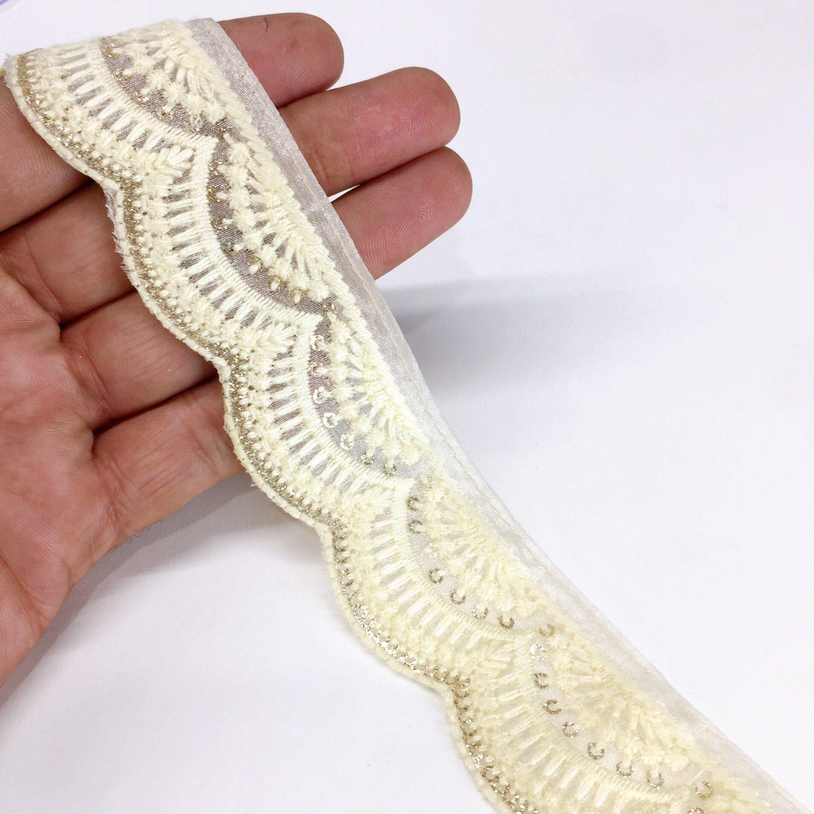 30mm Cutwork Design Embroidery Lace With Sequins Work, shown on white cotton