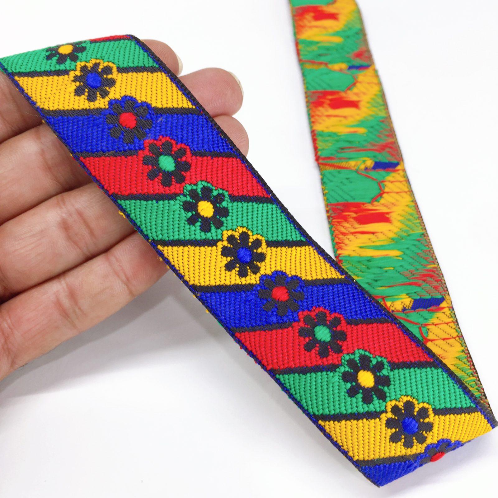 35mm Jacquard Woven New Flower Design Traditional, shown on white cotton
