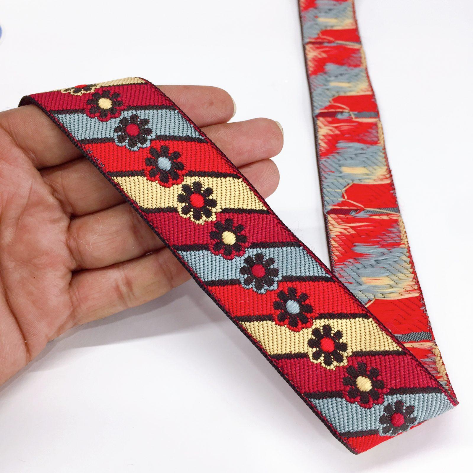 35mm Jacquard Woven New Flower Design Traditional, shown on white cotton