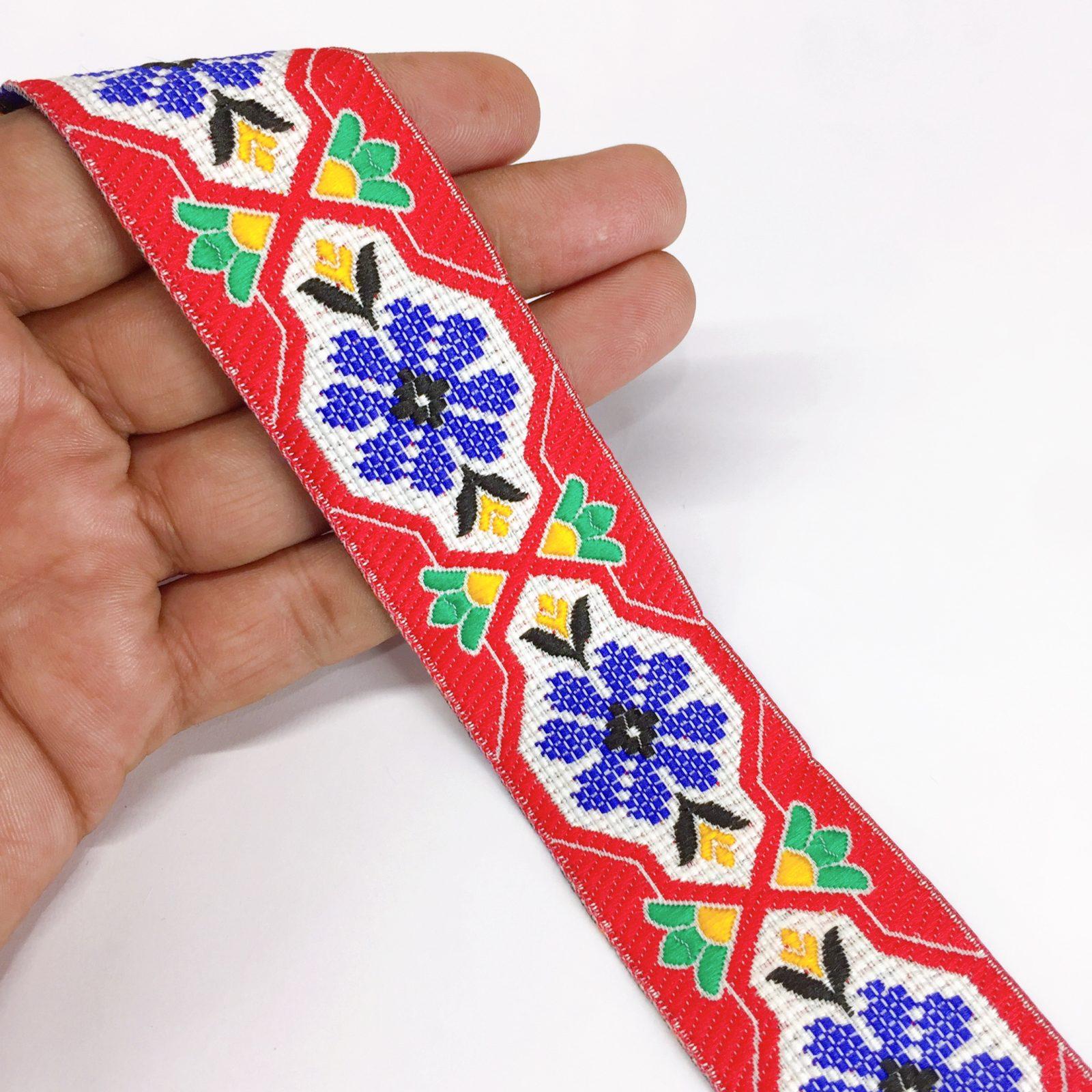 35mm Jacquard Woven Flower Design Traditional, shown on white cotton