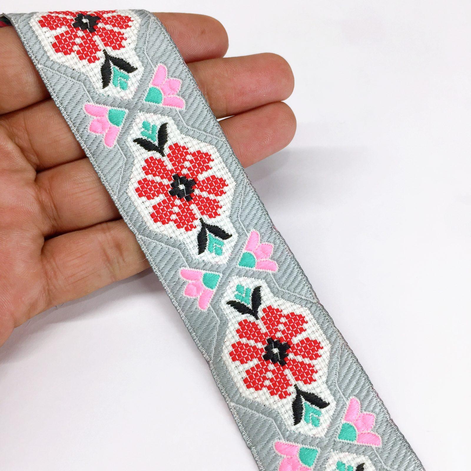 35mm Jacquard Woven Flower Design Traditional, shown on white cotton