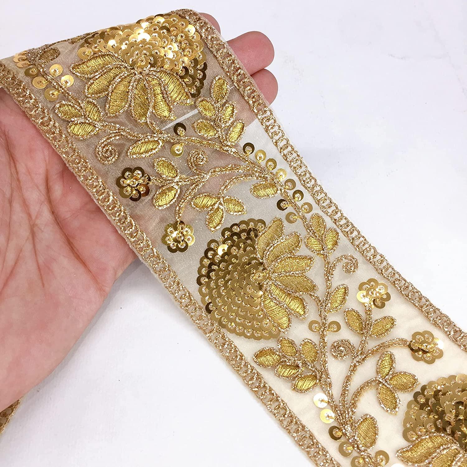 70mm Embroidery Flower Design Golden Dori Work and Sequins Work, shown on white cotton