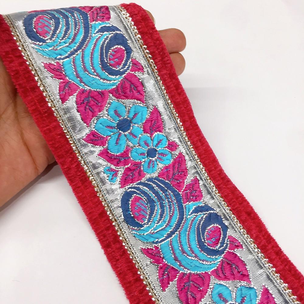 80mm Sky Blue grey flower design with velvet and sequin, shown on white cotton