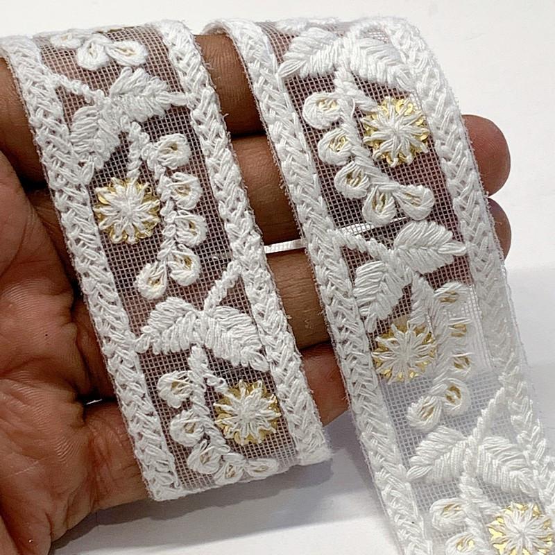 30mm Cotton Embroidery With Sequins, shown on white cotton