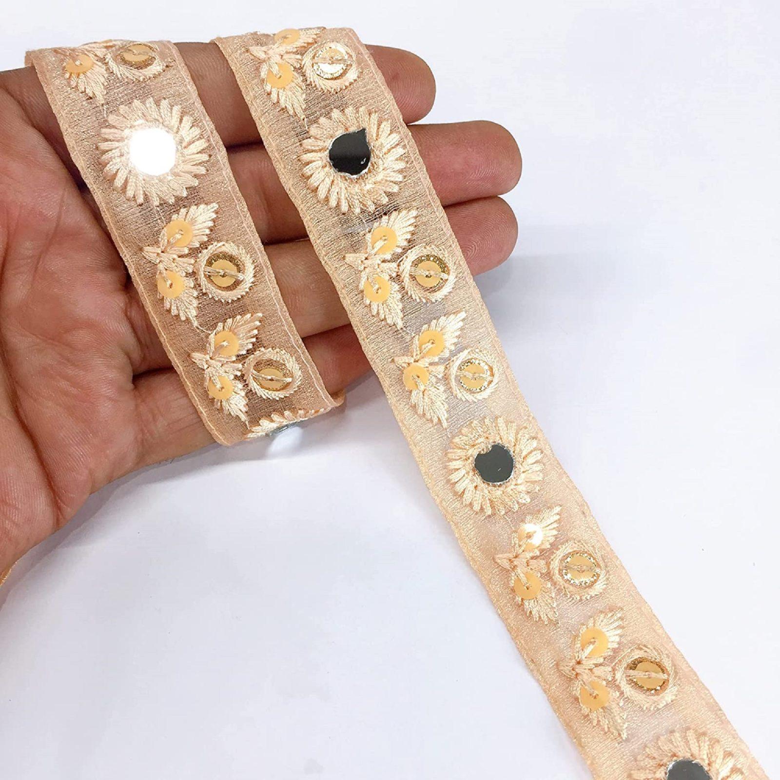 25mm Leaf Design Embroidery Lace With Sequins Work and Mirror Work, shown on white cotton
