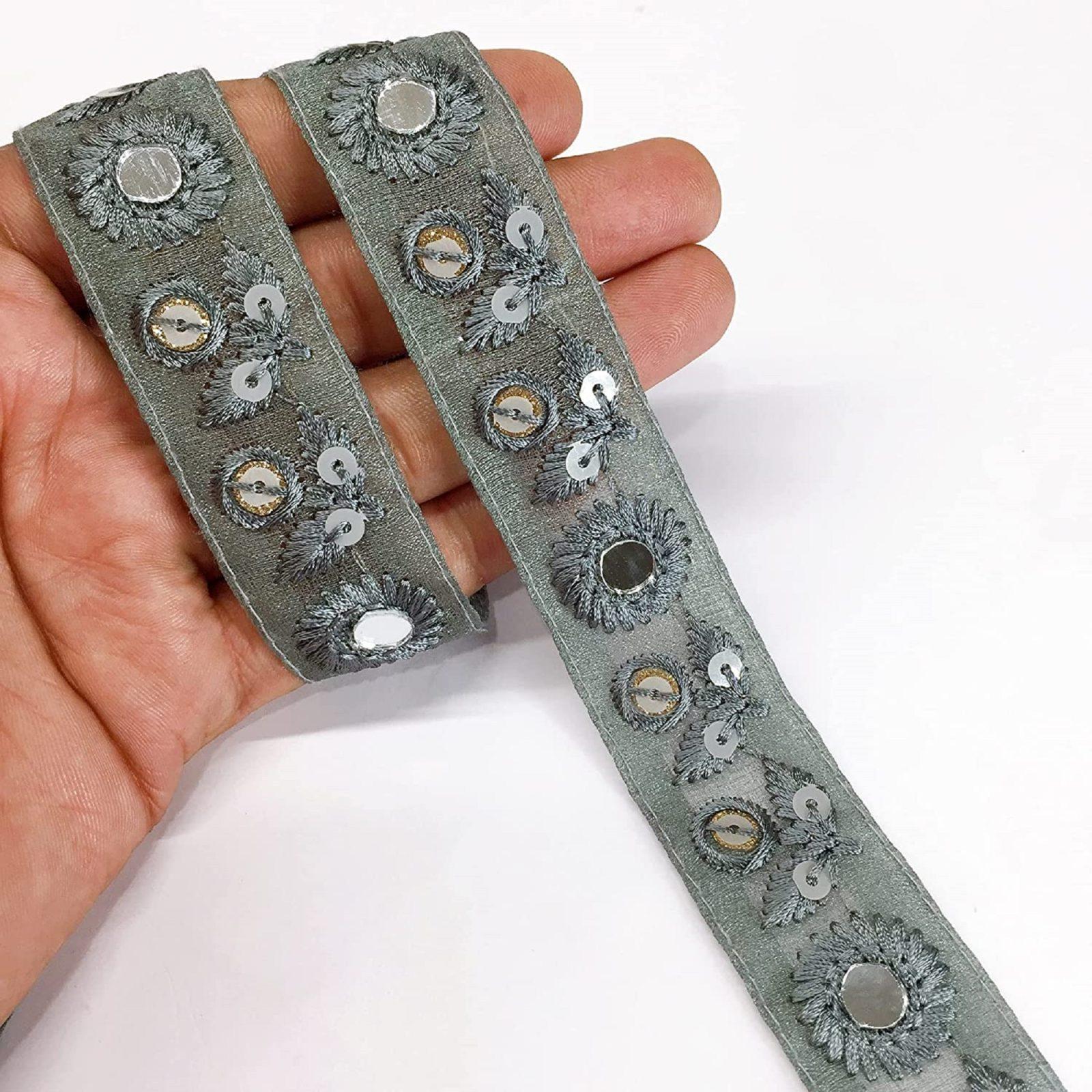 25mm Leaf Design Embroidery Lace With Sequins Work and Mirror Work, shown on white cotton