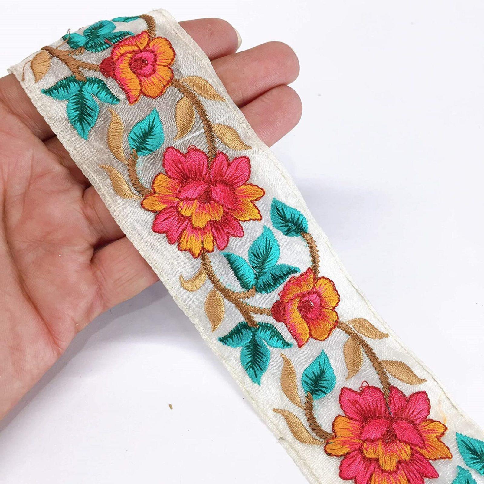 50mm Flower Design Embroidery, shown on white cotton