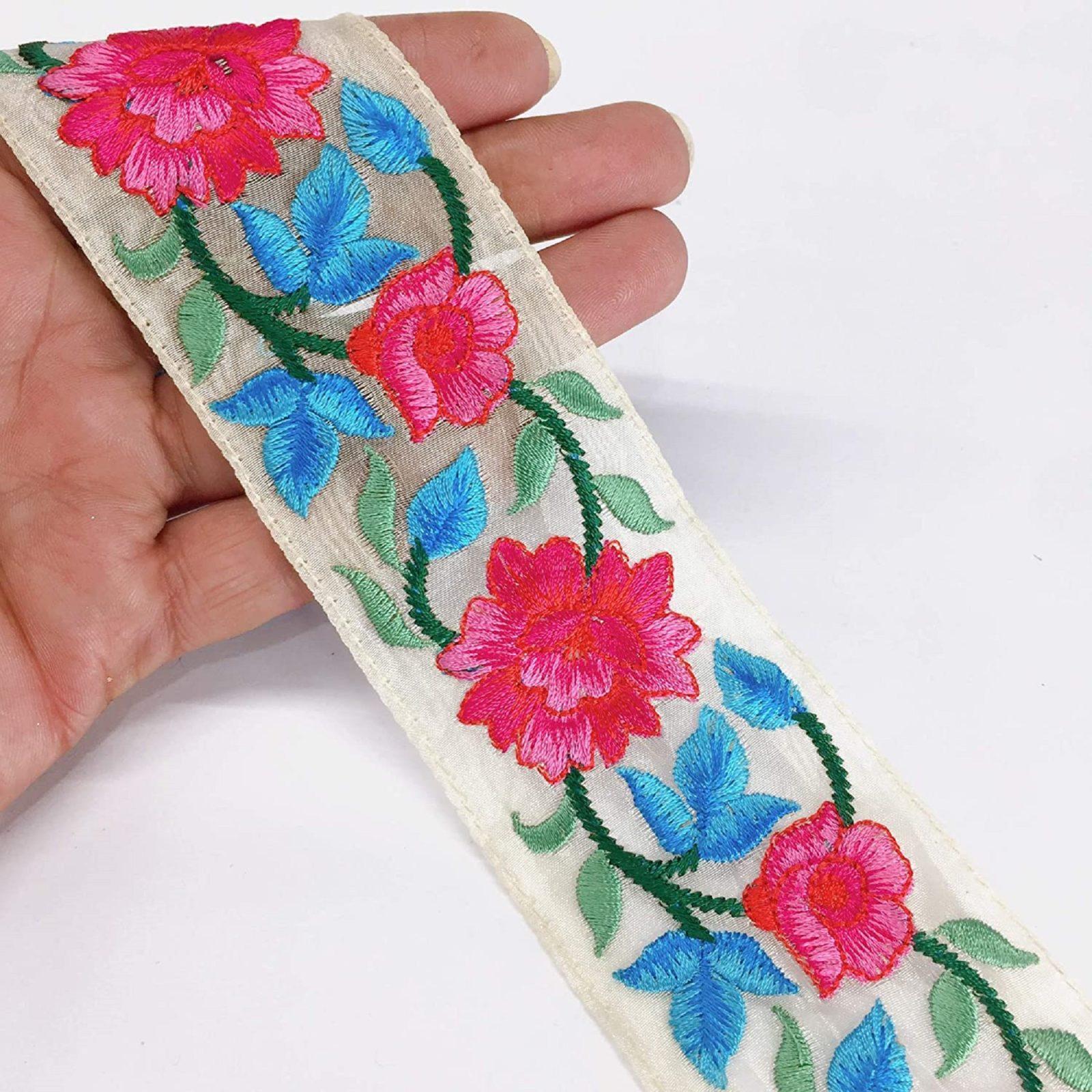 50mm Flower Design Embroidery, shown on white cotton