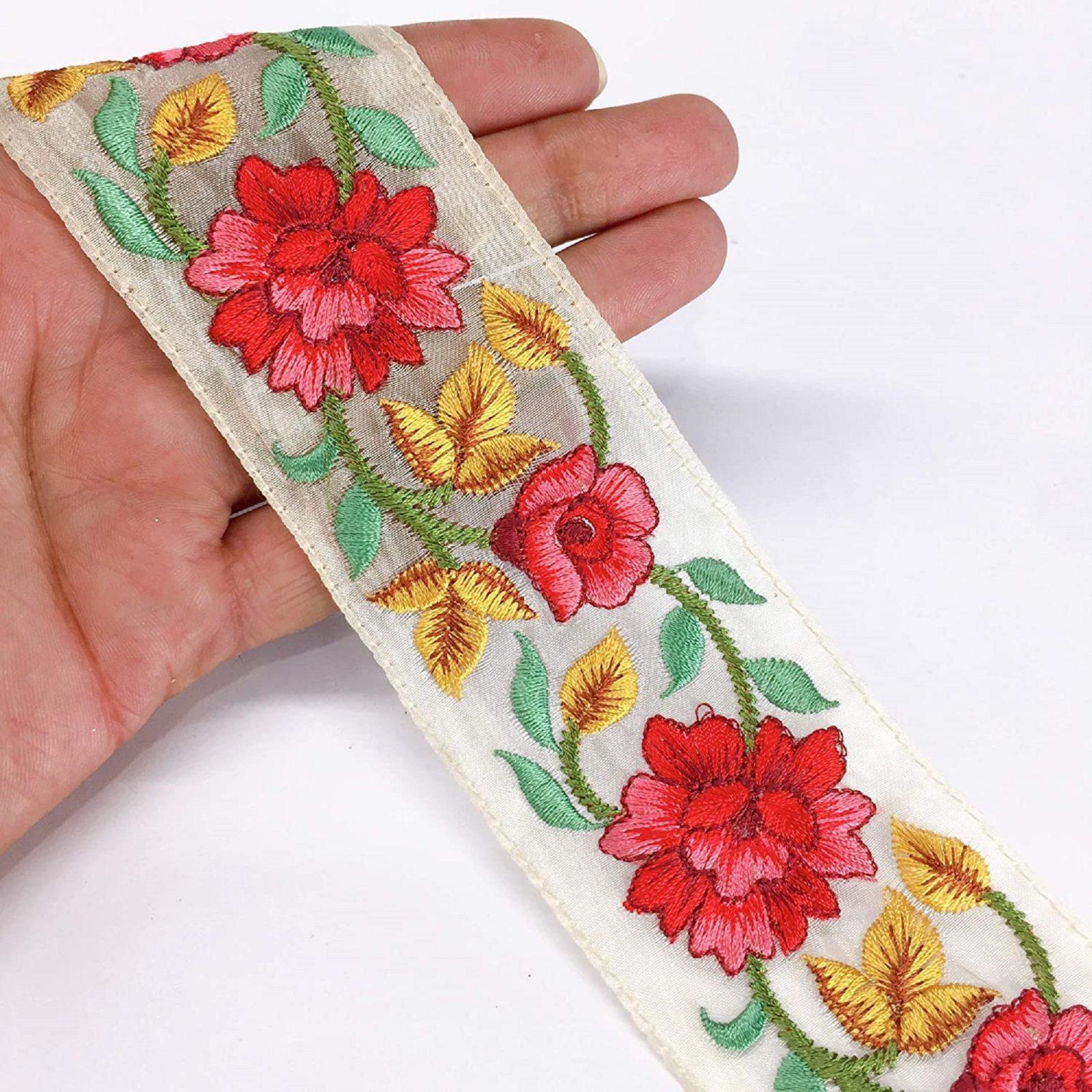 50mm Flower Design Embroidery, shown on white cotton