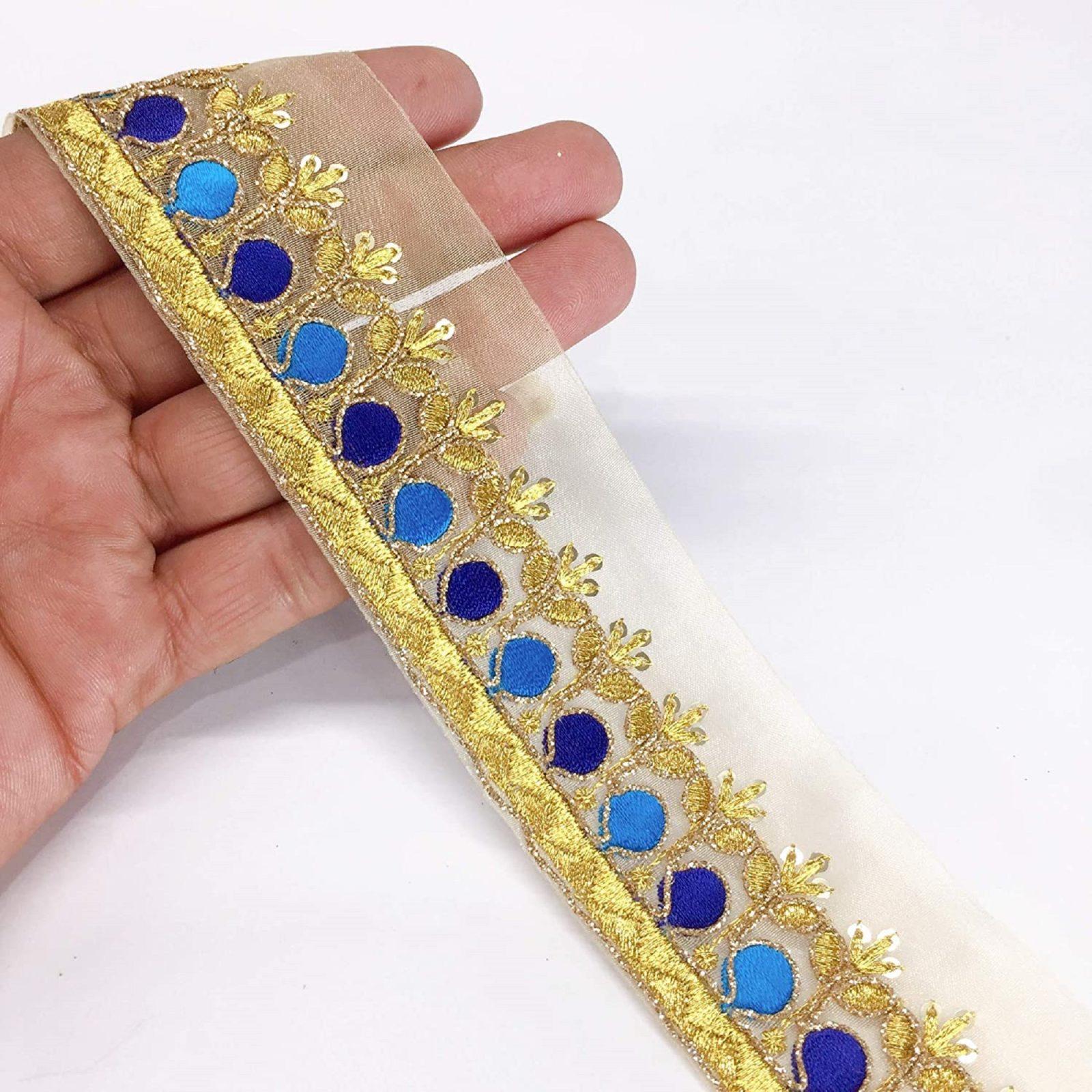 40mm Designer Embroidery Work, Golden Dori Work and Sequins Work, shown on white cotton