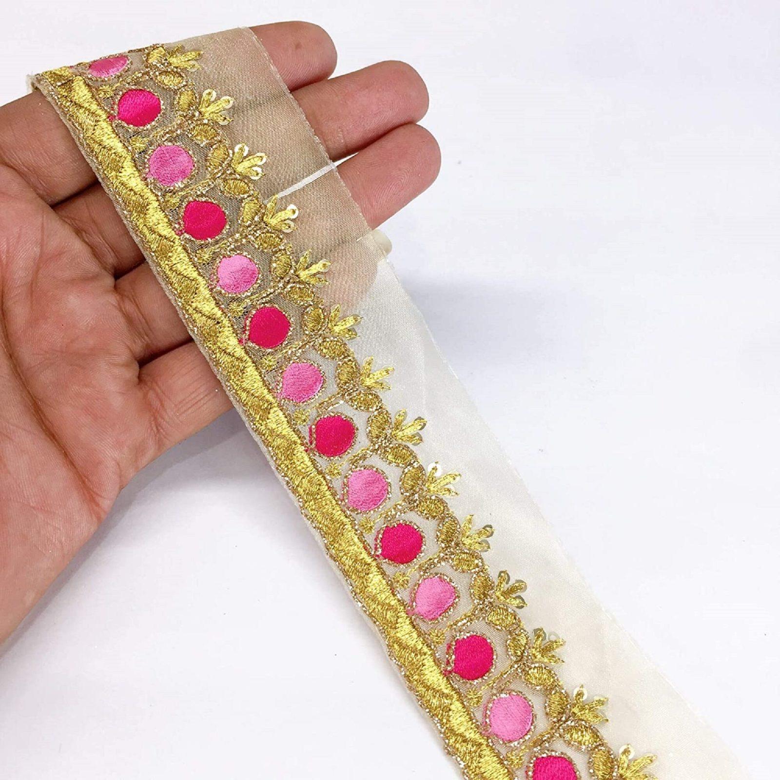 40mm Designer Embroidery Work, Golden Dori Work and Sequins Work, shown on white cotton