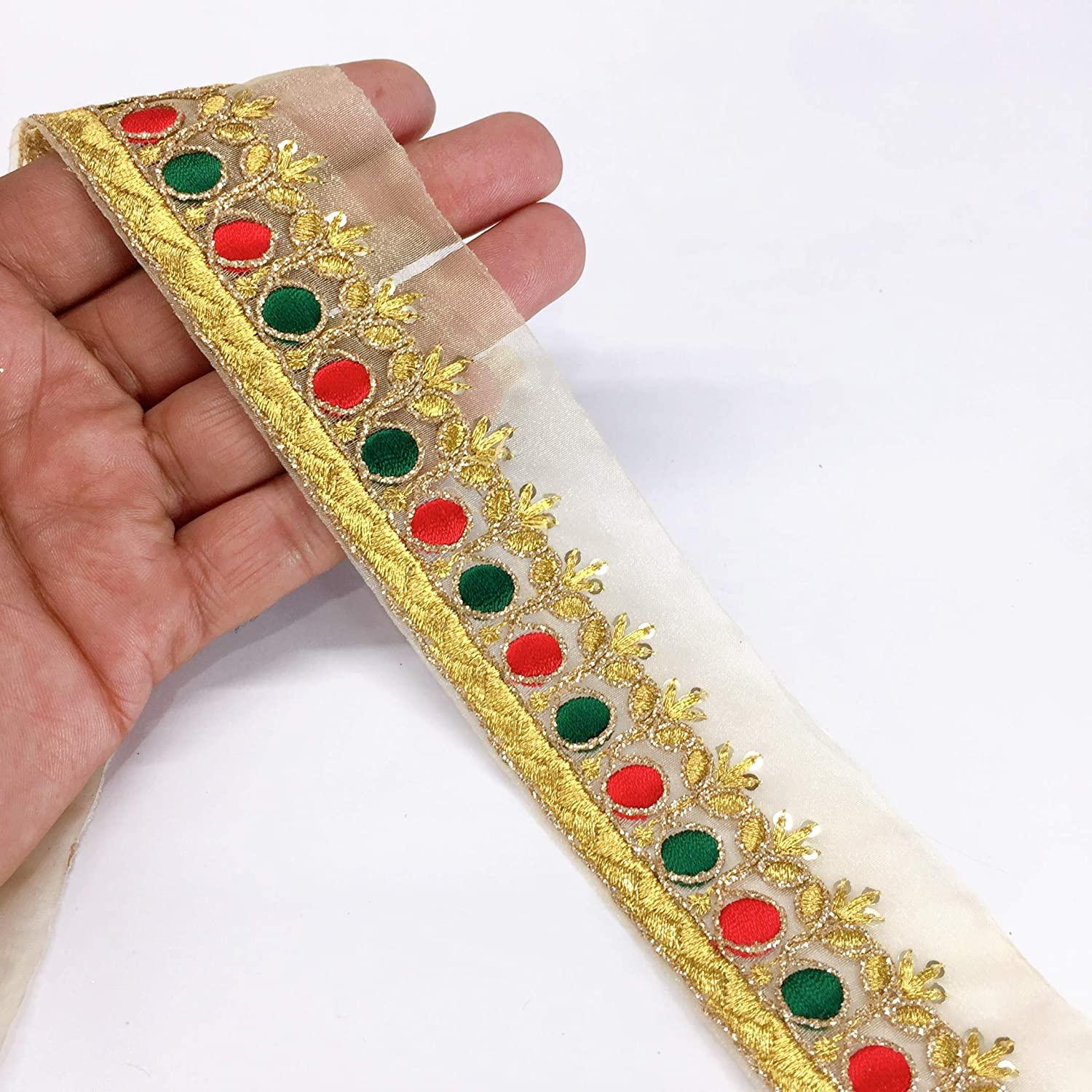 40mm Designer Embroidery Work, Golden Dori Work and Sequins Work, shown on white cotton