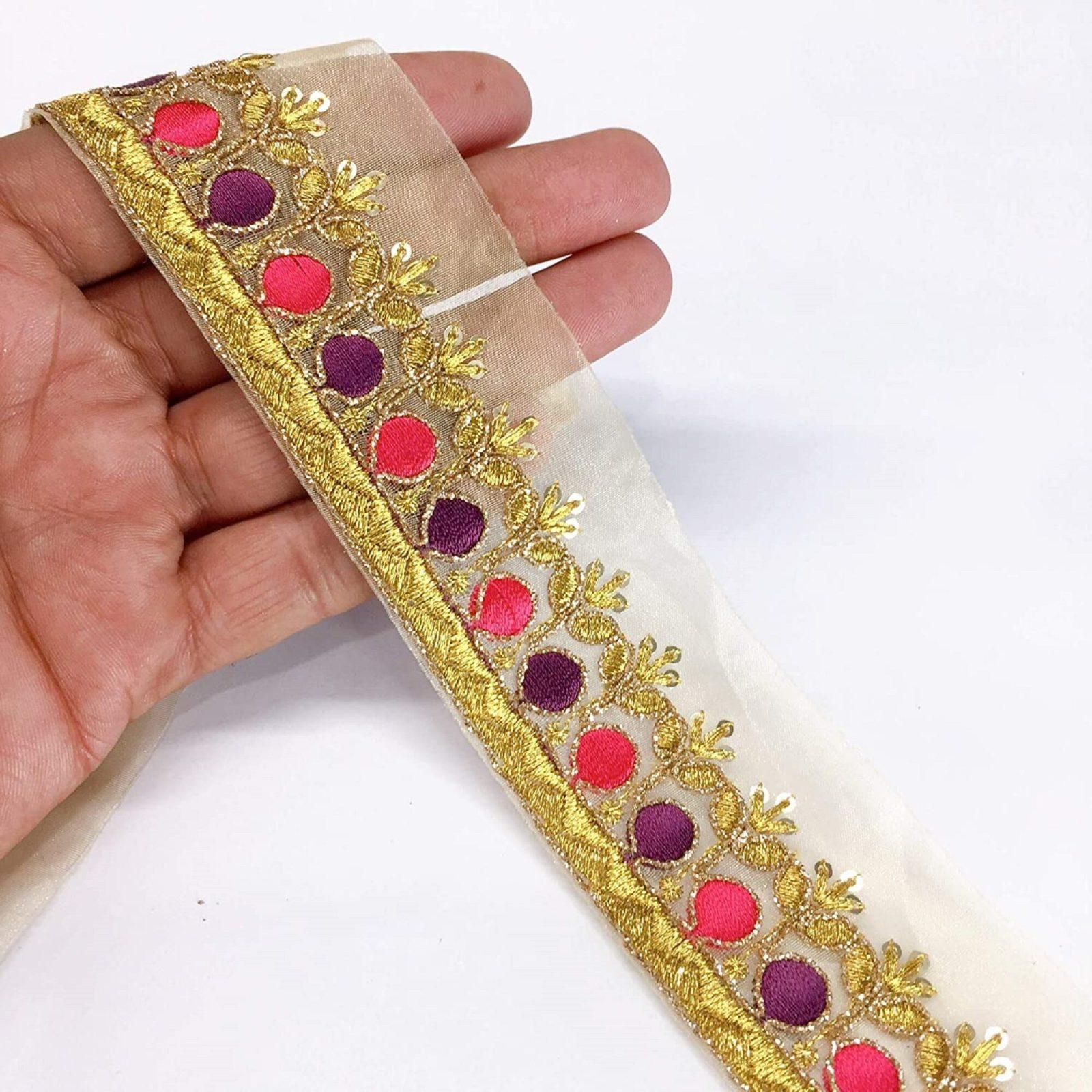 40mm Designer Embroidery Work, Golden Dori Work and Sequins Work, shown on white cotton