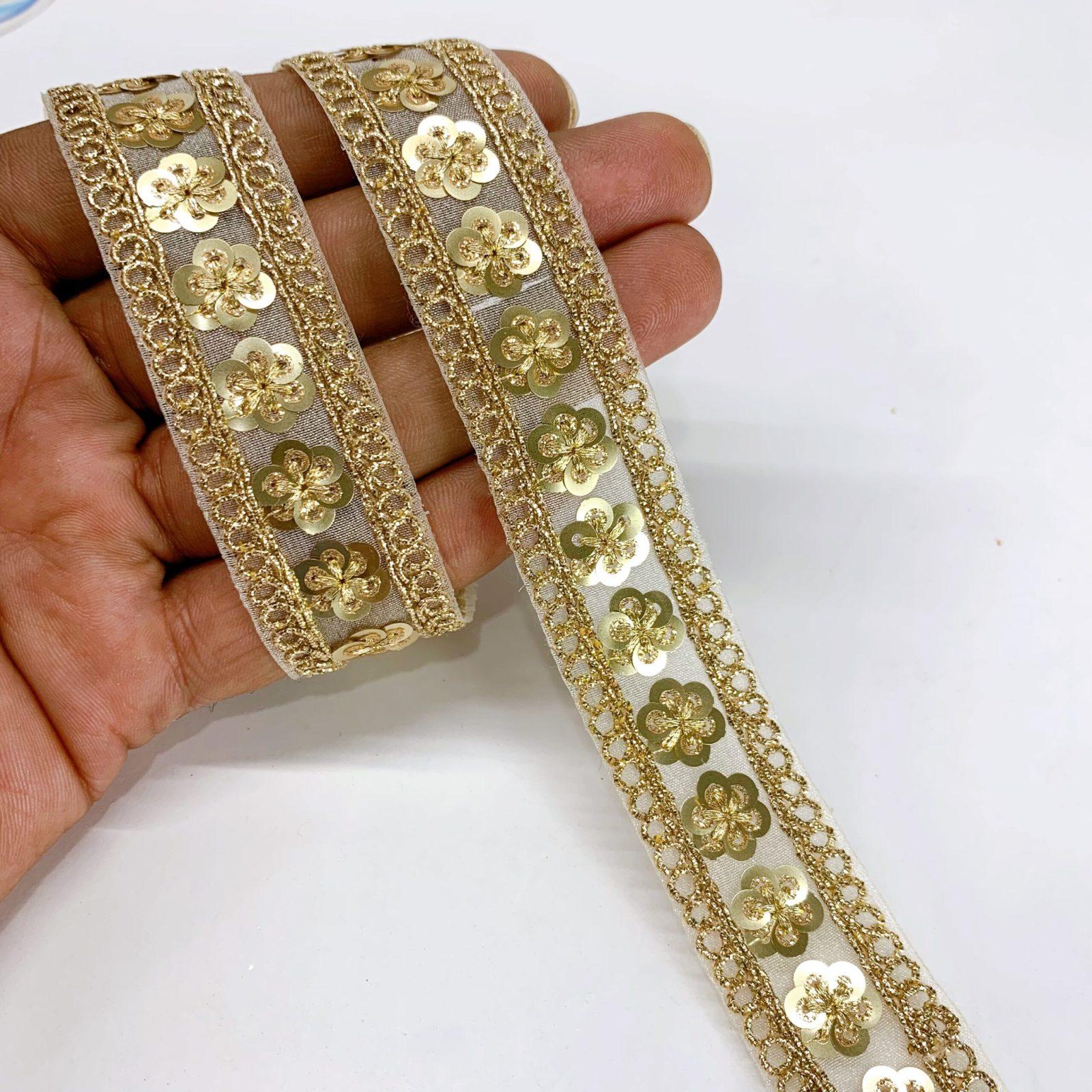 20mm Embroidery Pearl Sequins Flower Design Dori Work, shown on white cotton