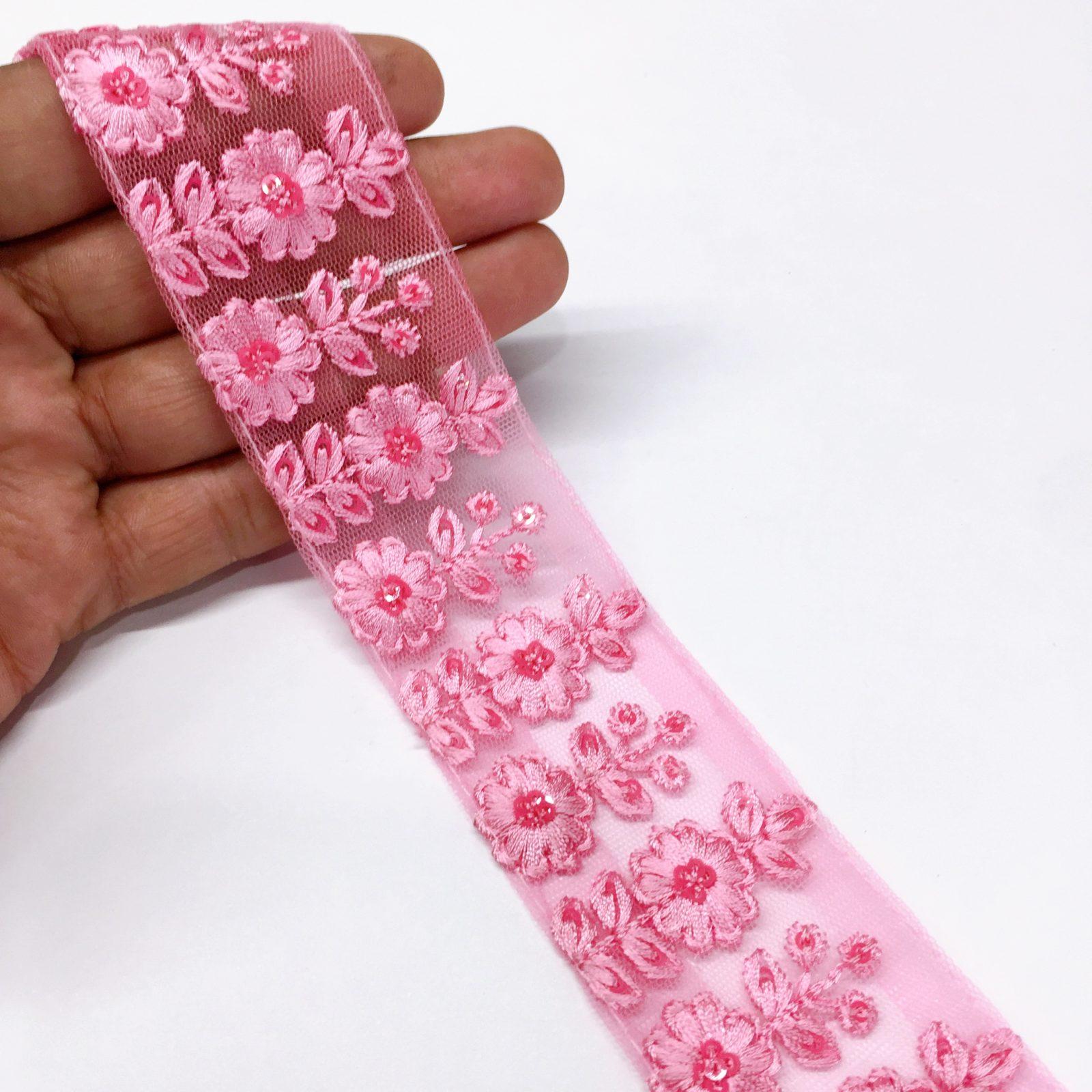 40mm Flower Design Embroidery lace with Flower Matching Sequins Work Border, shown on white cotton