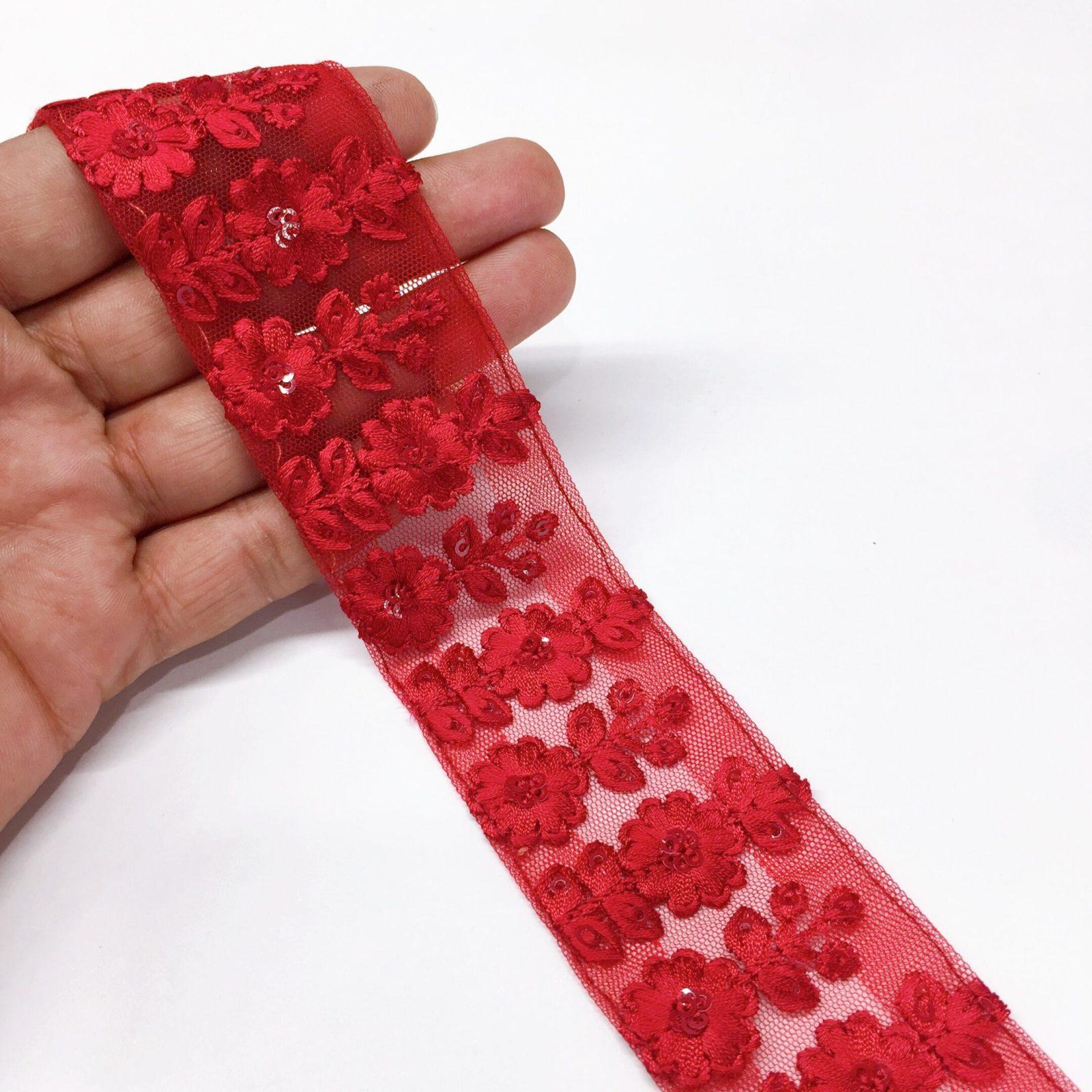 40mm Flower Design Embroidery lace with Flower Matching Sequins Work Border, shown on white cotton