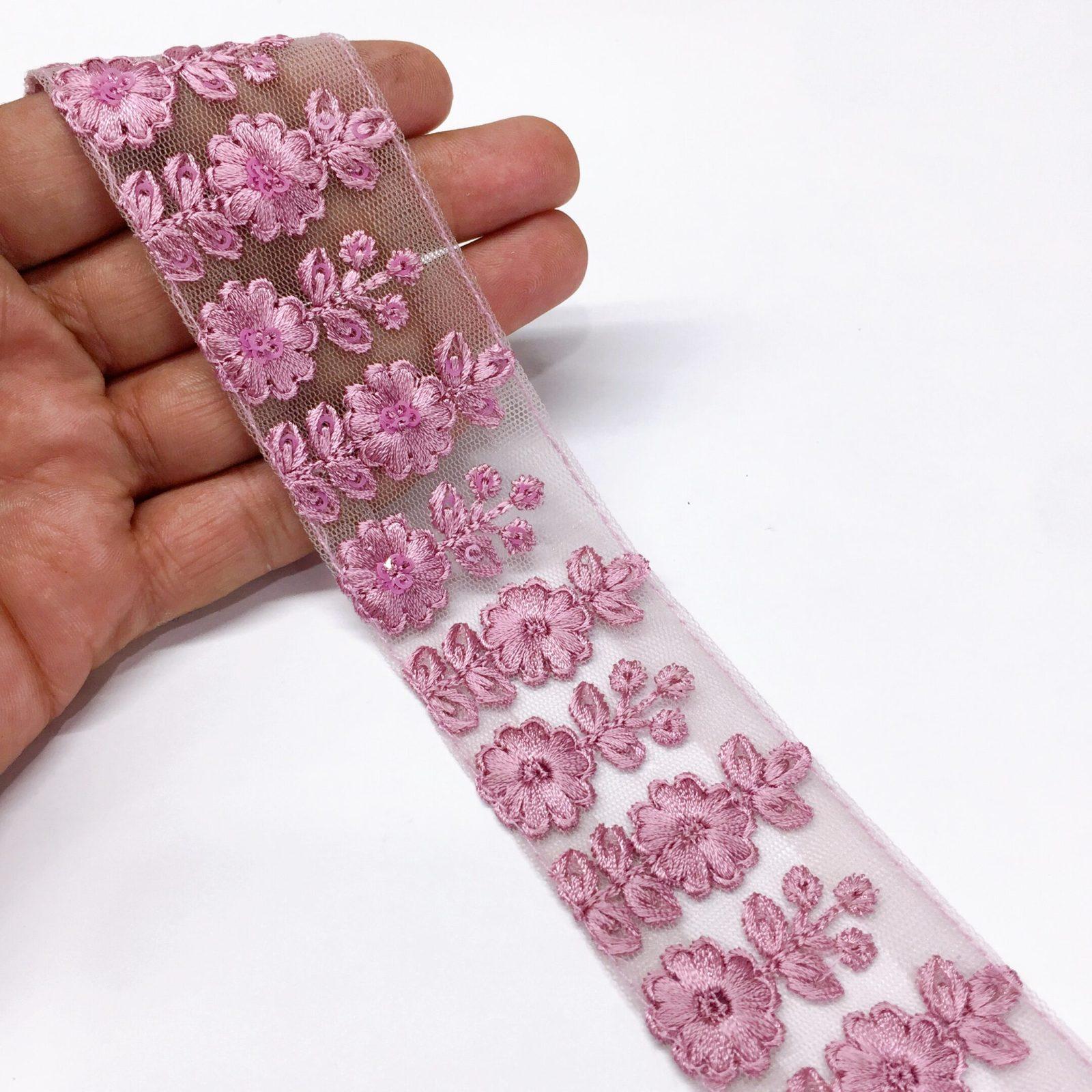 40mm Flower Design Embroidery lace with Flower Matching Sequins Work Border, shown on white cotton