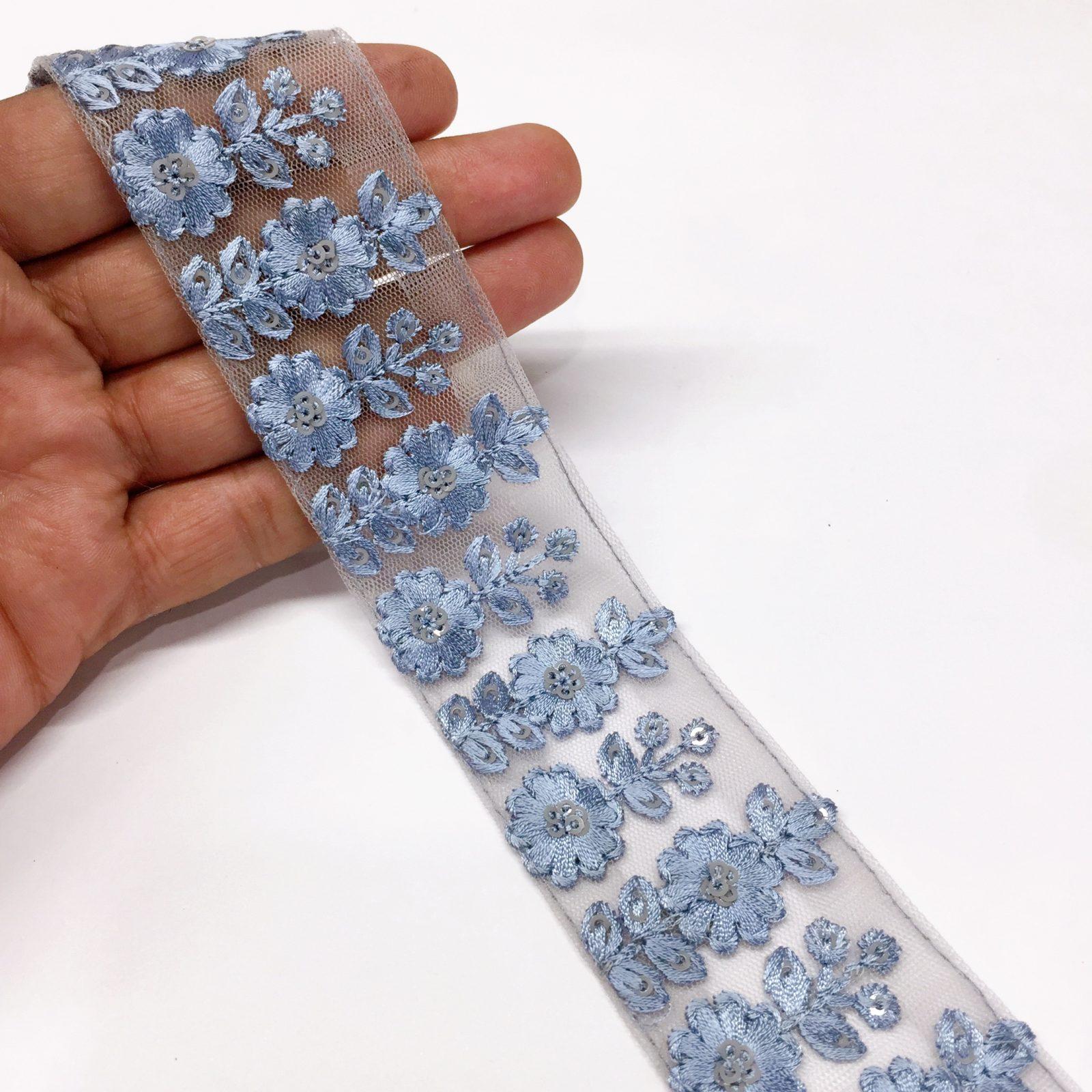 40mm Flower Design Embroidery lace with Flower Matching Sequins Work Border, shown on white cotton