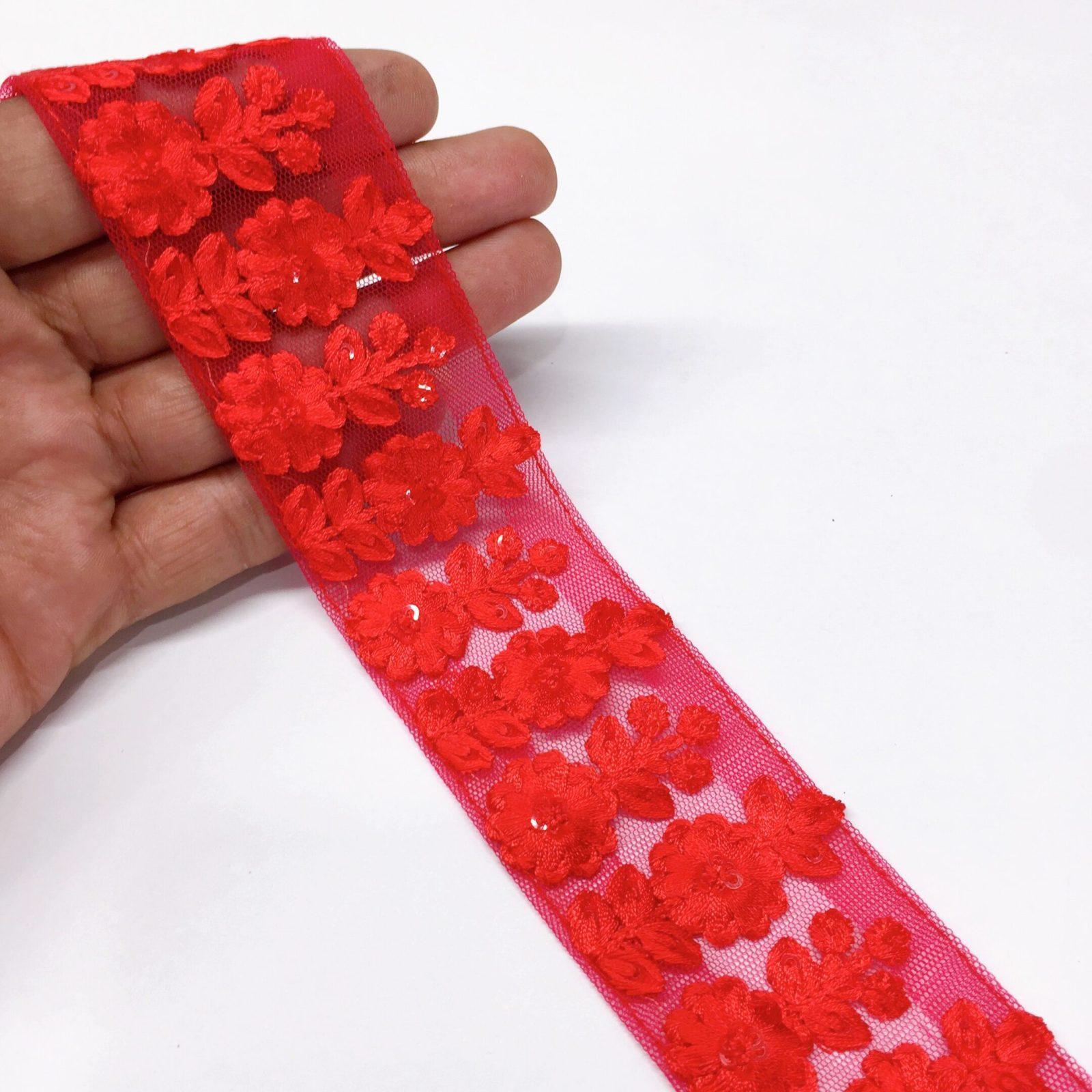 40mm Flower Design Embroidery lace with Flower Matching Sequins Work Border, shown on white cotton
