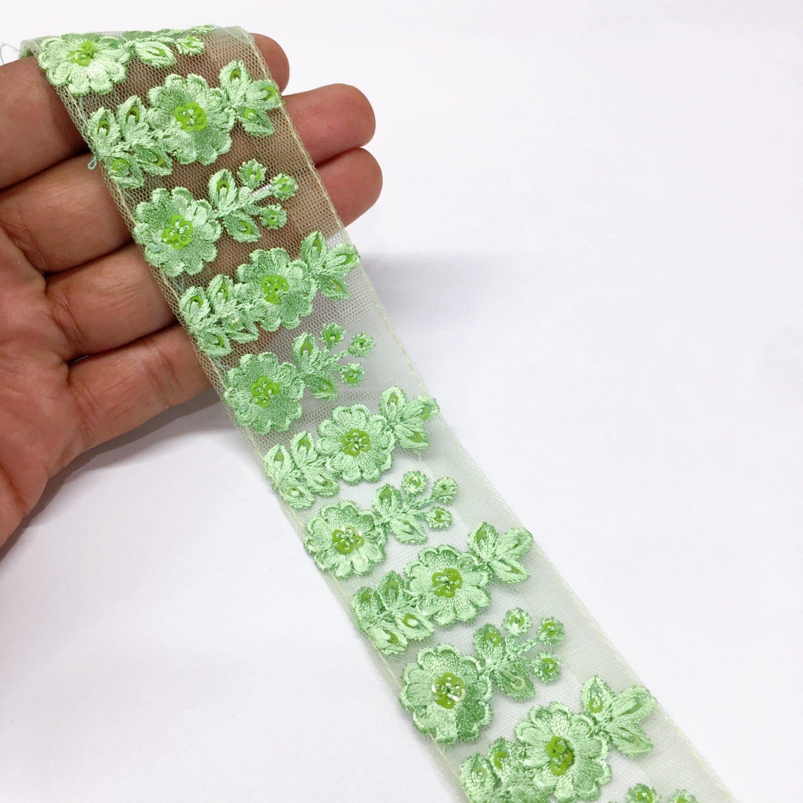 40mm Flower Design Embroidery lace with Flower Matching Sequins Work Border, shown on white cotton