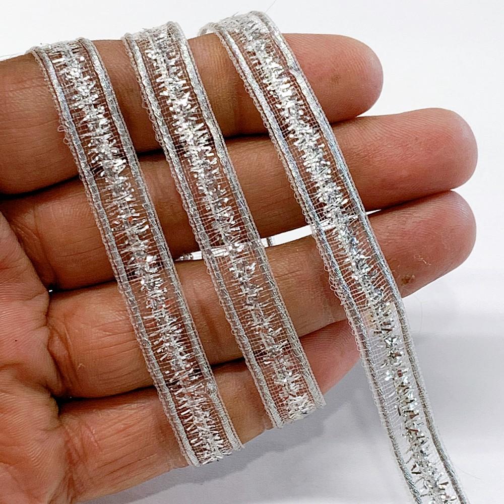 7 mm Sheer Ribbon with 3 line Glitter Shiny Metallic Thread, shown on white cotton
