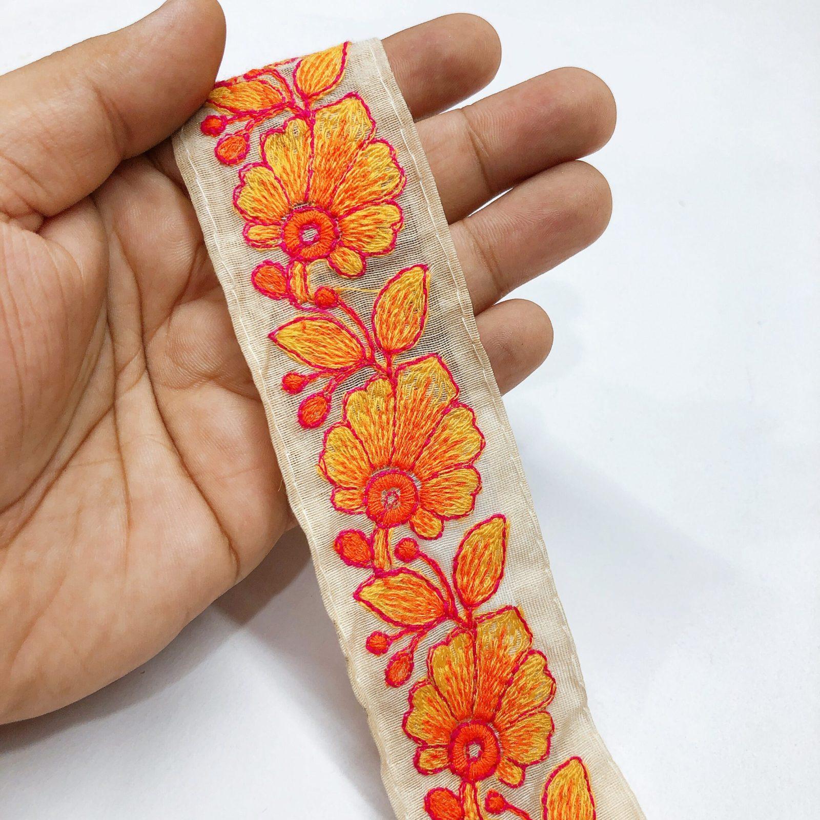 32 mm Cotton Thread Floral Embroidered Ethnic Lace, shown on white cotton