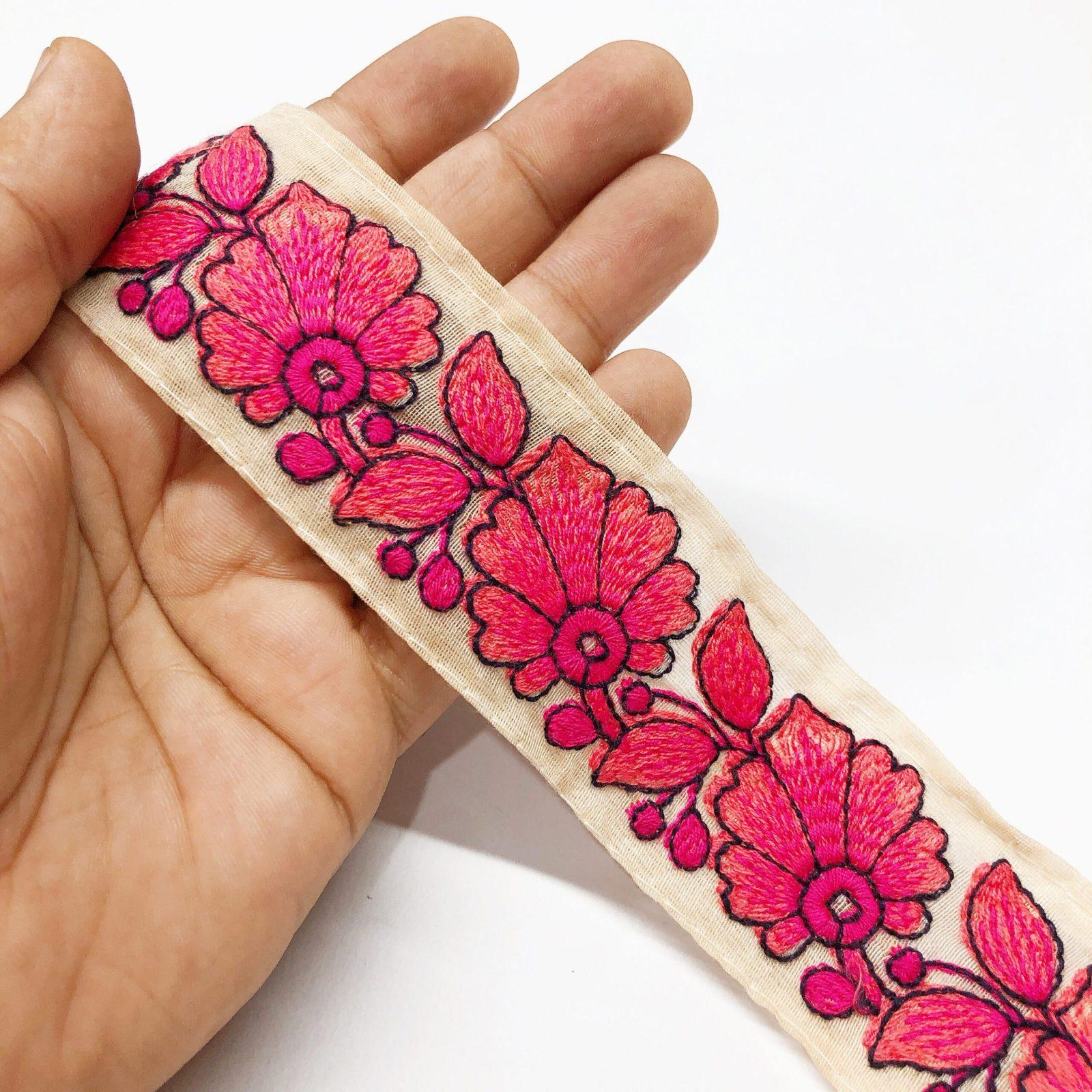32 mm Cotton Thread Floral Embroidered Ethnic Lace, shown on white cotton