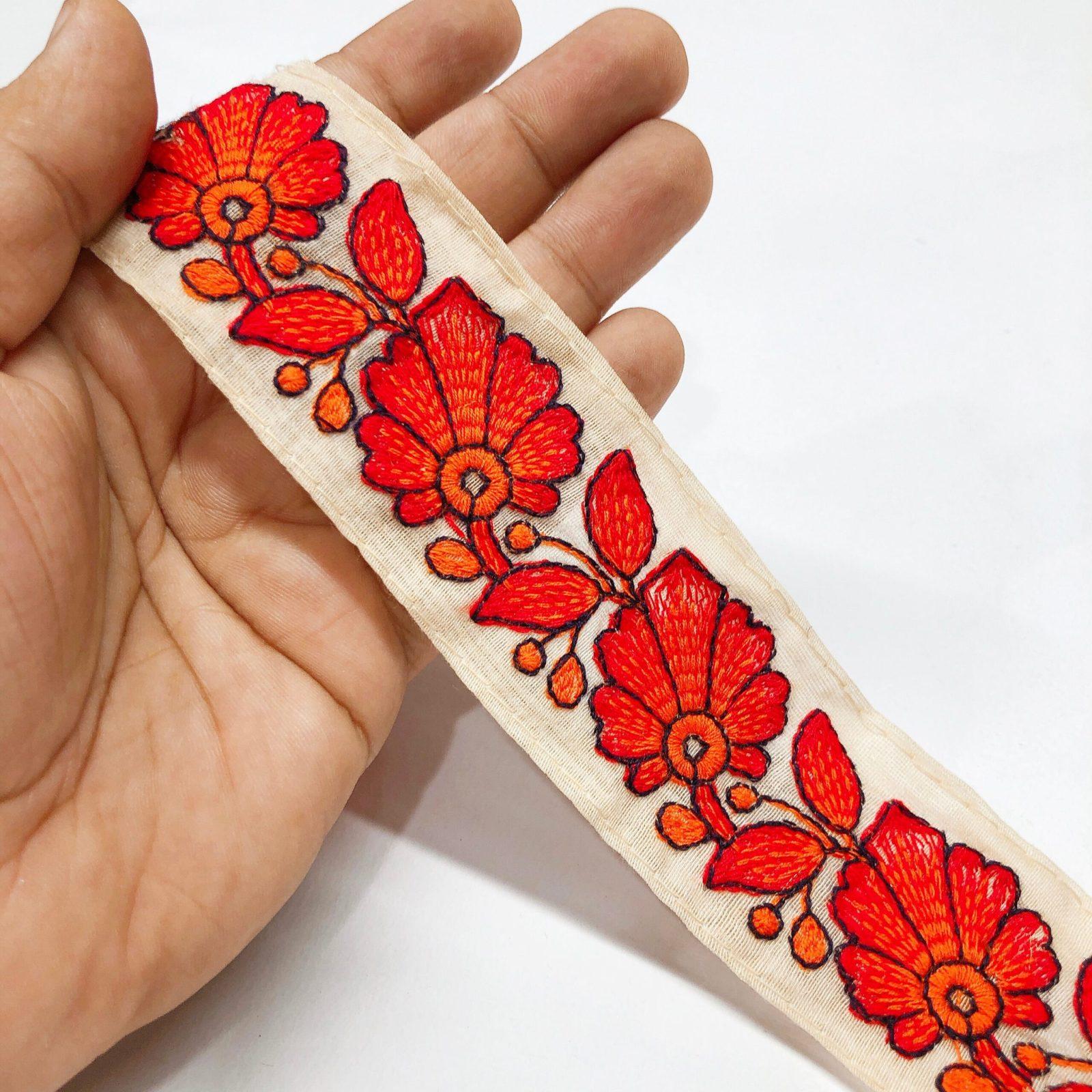 32 mm Cotton Thread Floral Embroidered Ethnic Lace, shown on white cotton