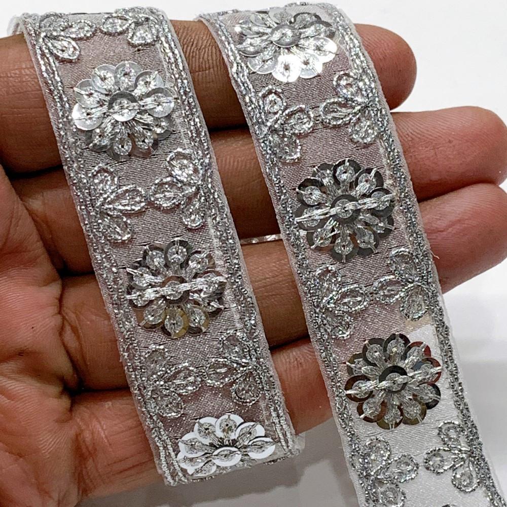 21mm Designer Embroidery Lace With Sequins And Dori Work, shown on white cotton
