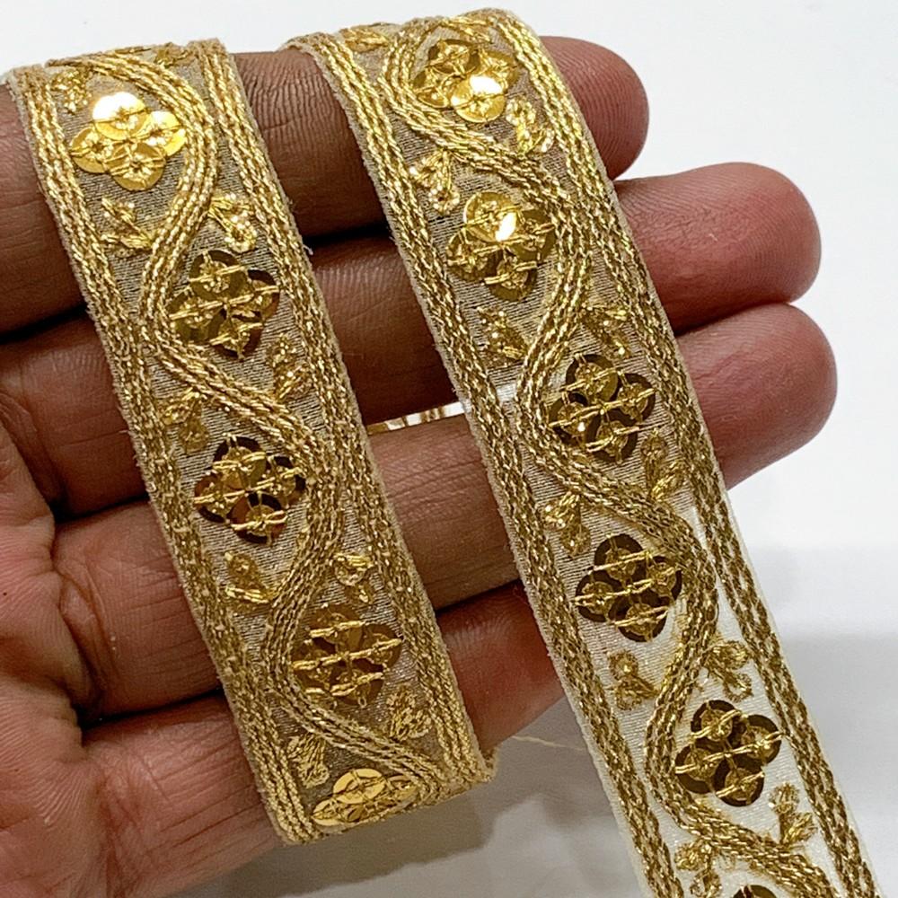 19mm Designer Embroidery Lace With Sequins And Dori Work, shown on white cotton