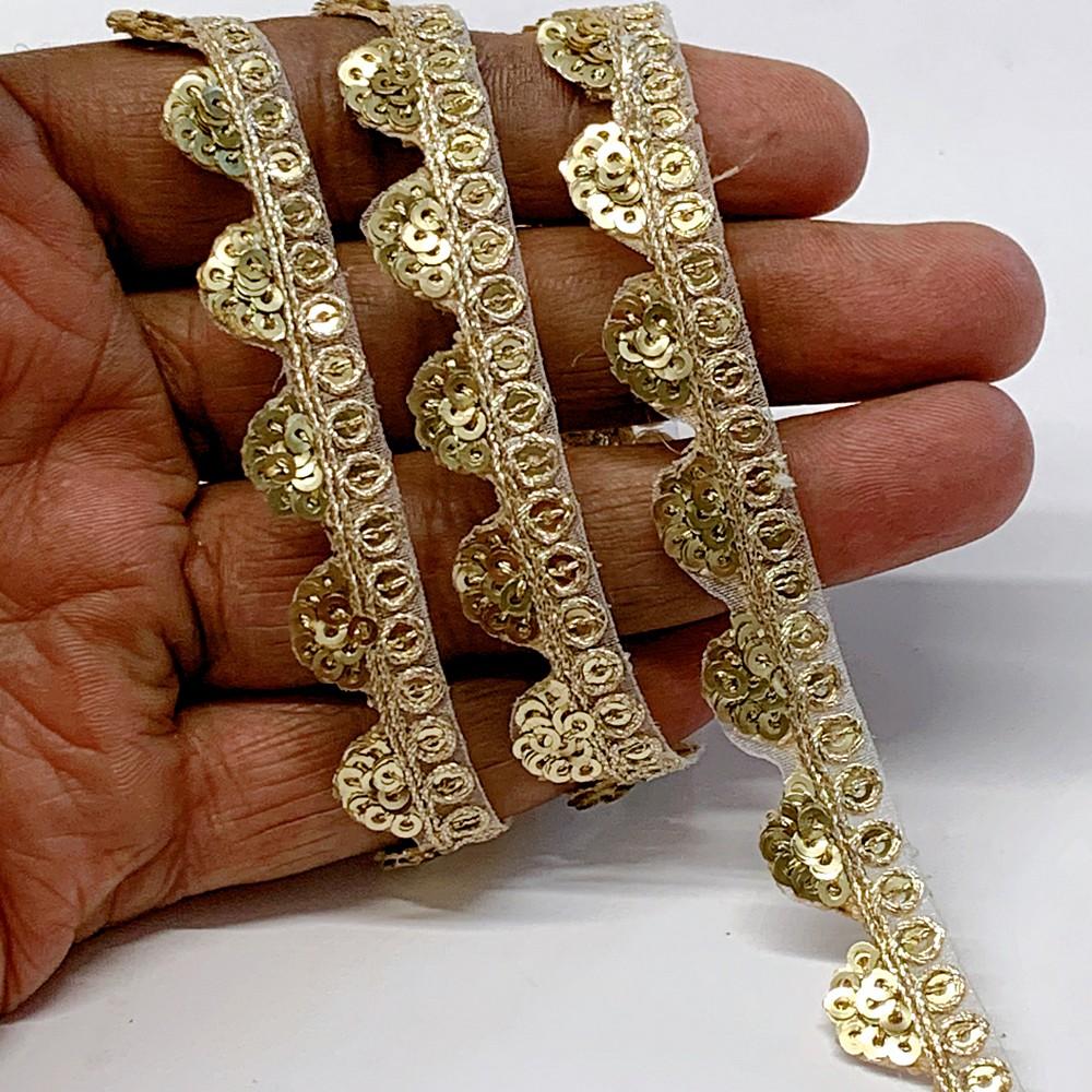12mm Designer Cutwork Embroidery Lace With Sequins And Dori work, shown on white cotton