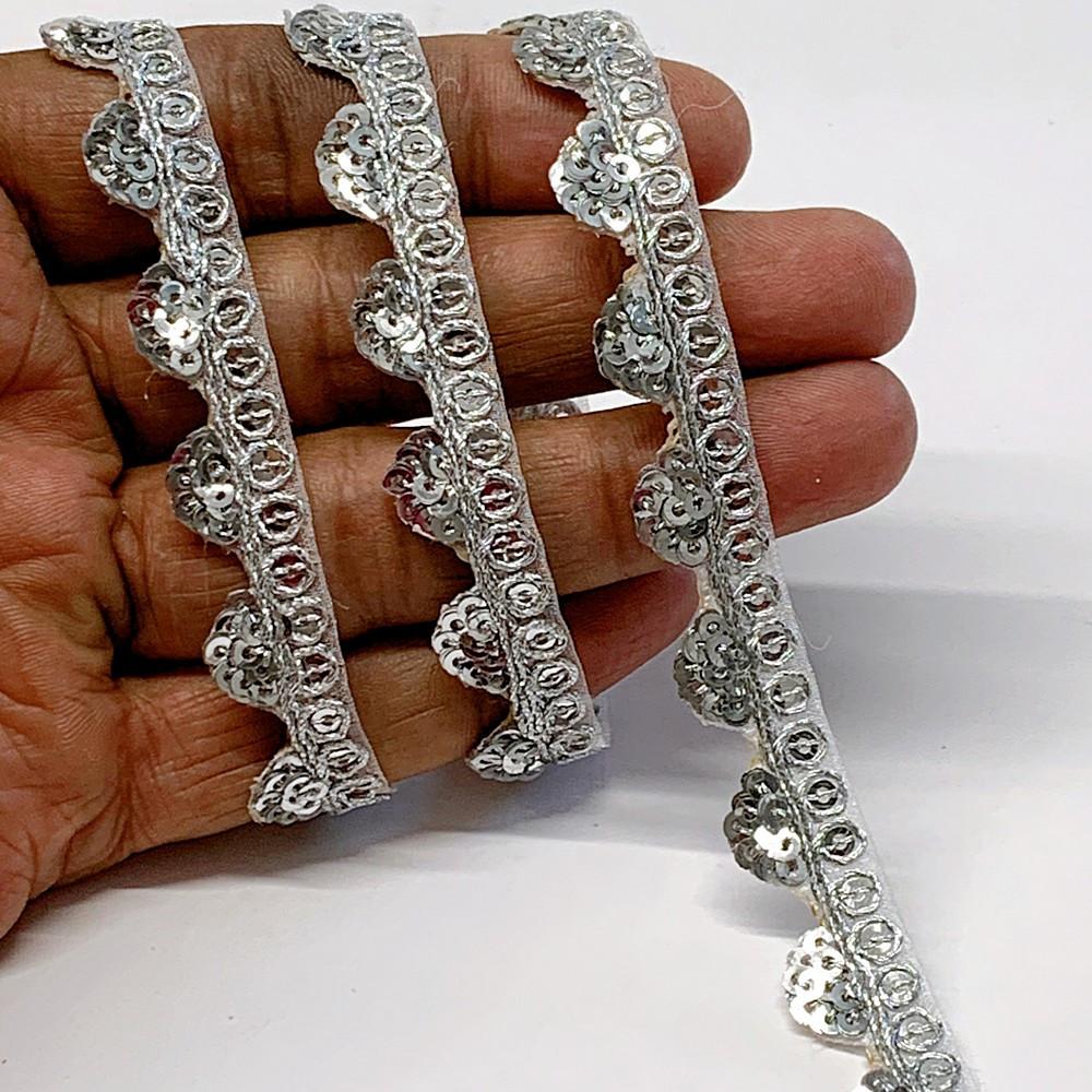 12mm Designer Cutwork Embroidery Lace With Sequins And Dori work, shown on white cotton