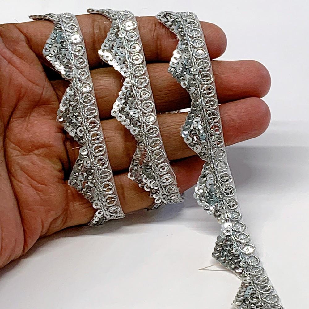 15mm Designer Cutwork Embroidery Lace With Sequins And Dori work, shown on white cotton