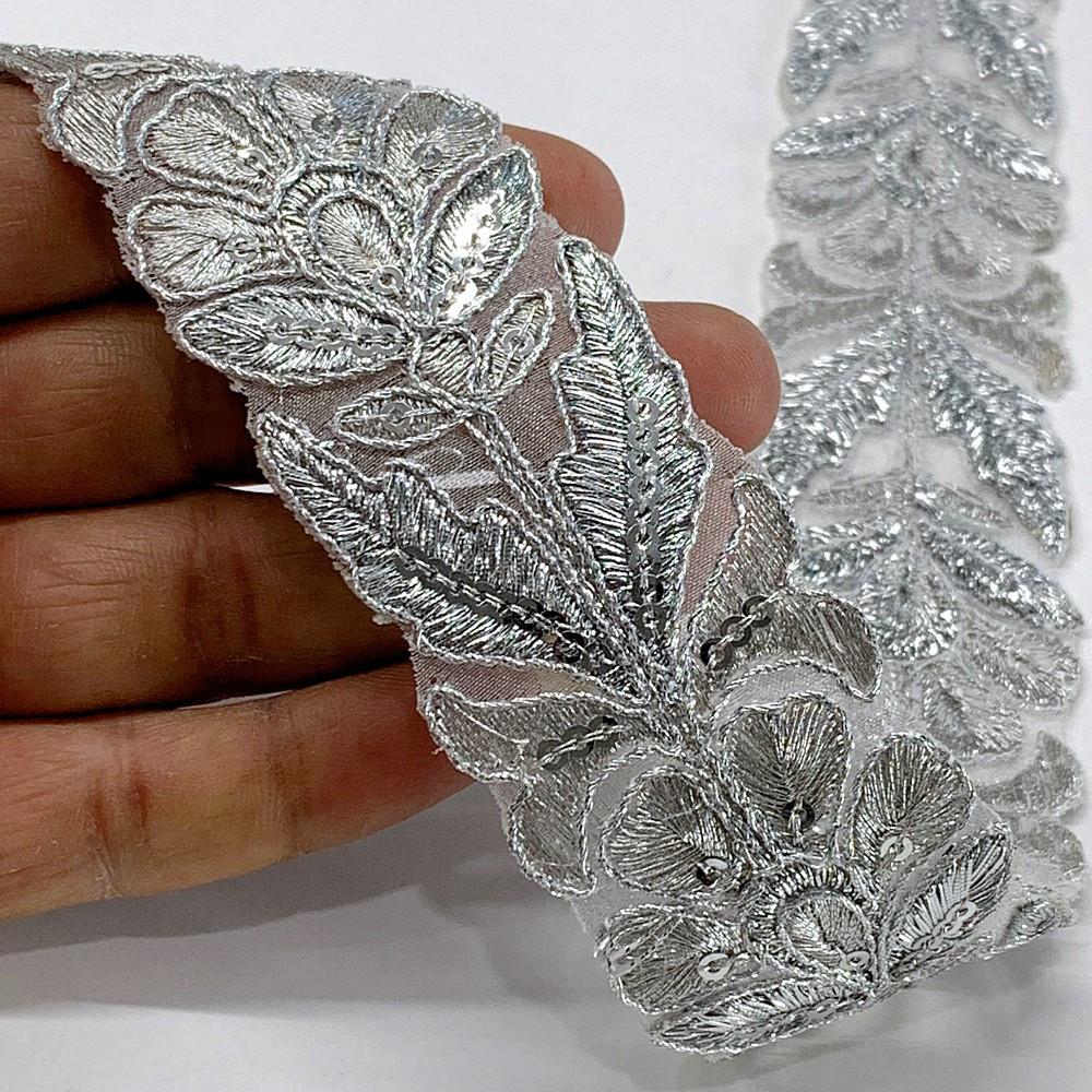 36mm Designer Flower Cutwork Embroidery Lace With Sequins And Dori work, shown on white cotton