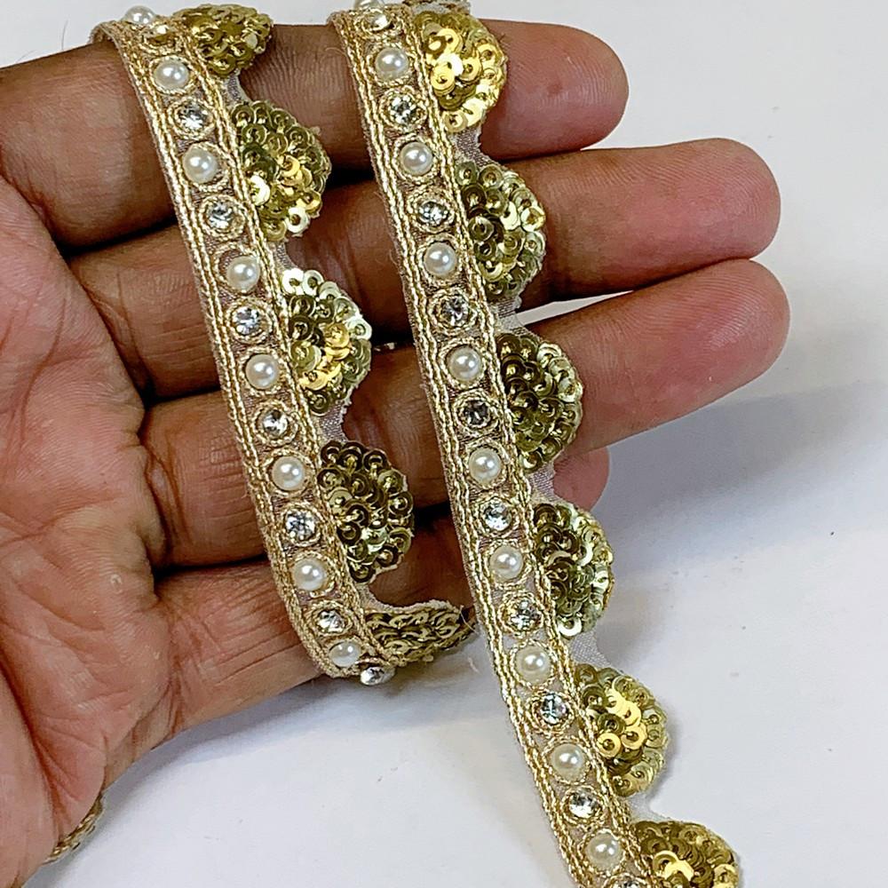 16mm Designer Cutwork Sequins Embroidery Lace With Stones And Dori Work, shown on white cotton