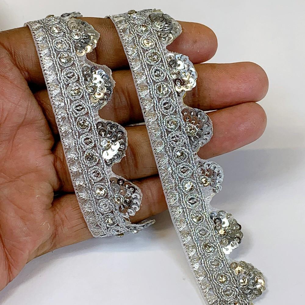 20mm Designer Cutwork Sequins Embroidery Lace With Stones And Dori Work, shown on white cotton