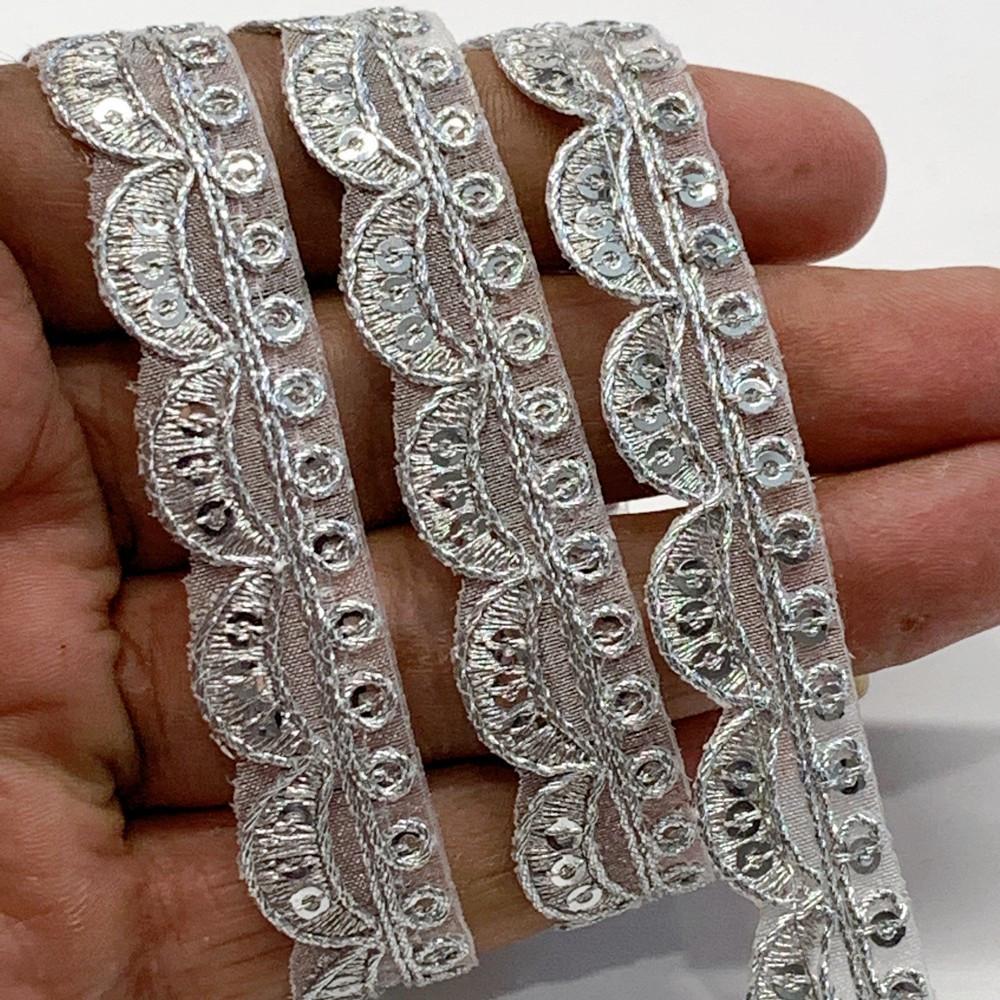 16mm Designer Cutwork Embroidery Lace With Sequins And Dori Work, shown on white cotton
