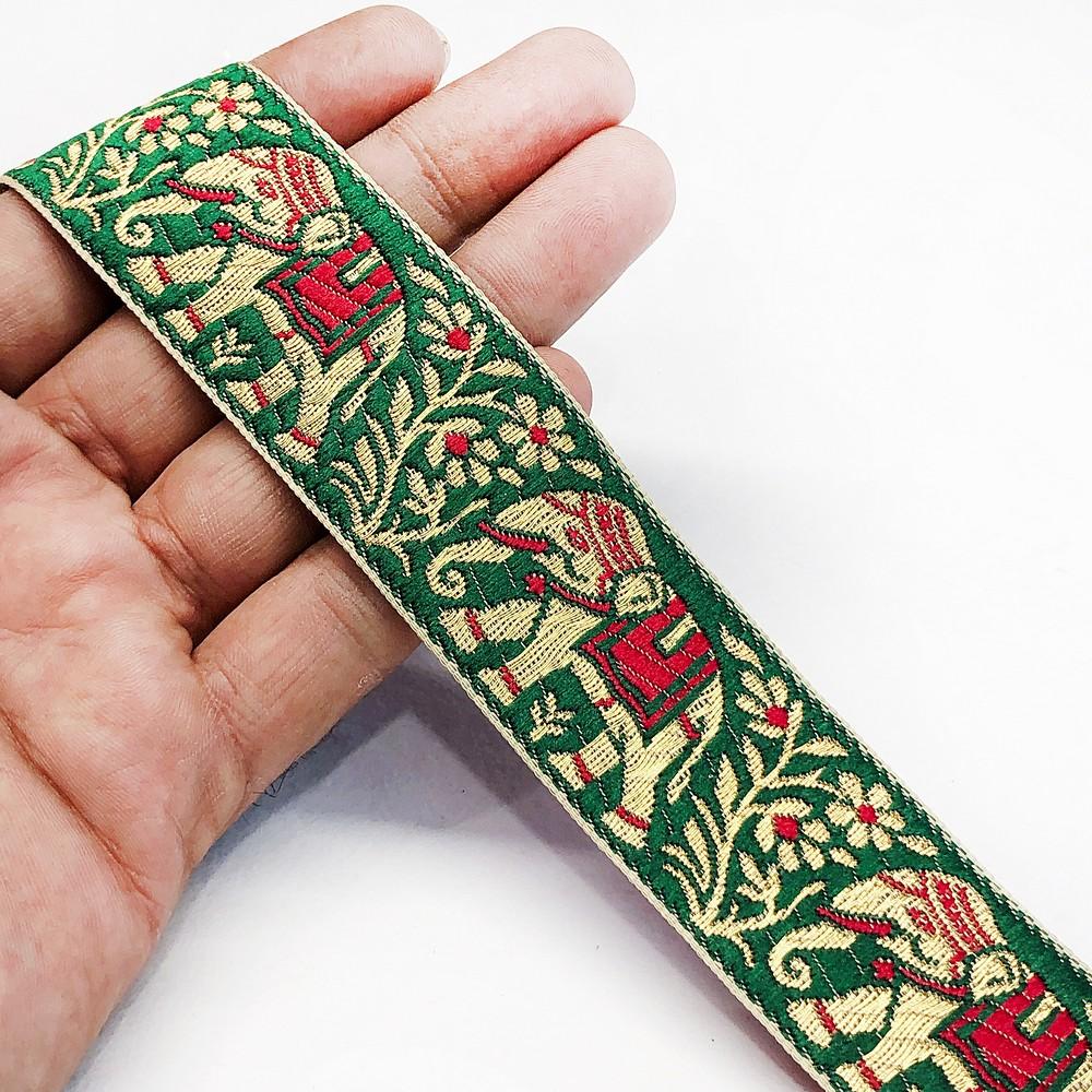 30mm Banarasi Jacquard Elephant Designer Ribbon, shown on white cotton