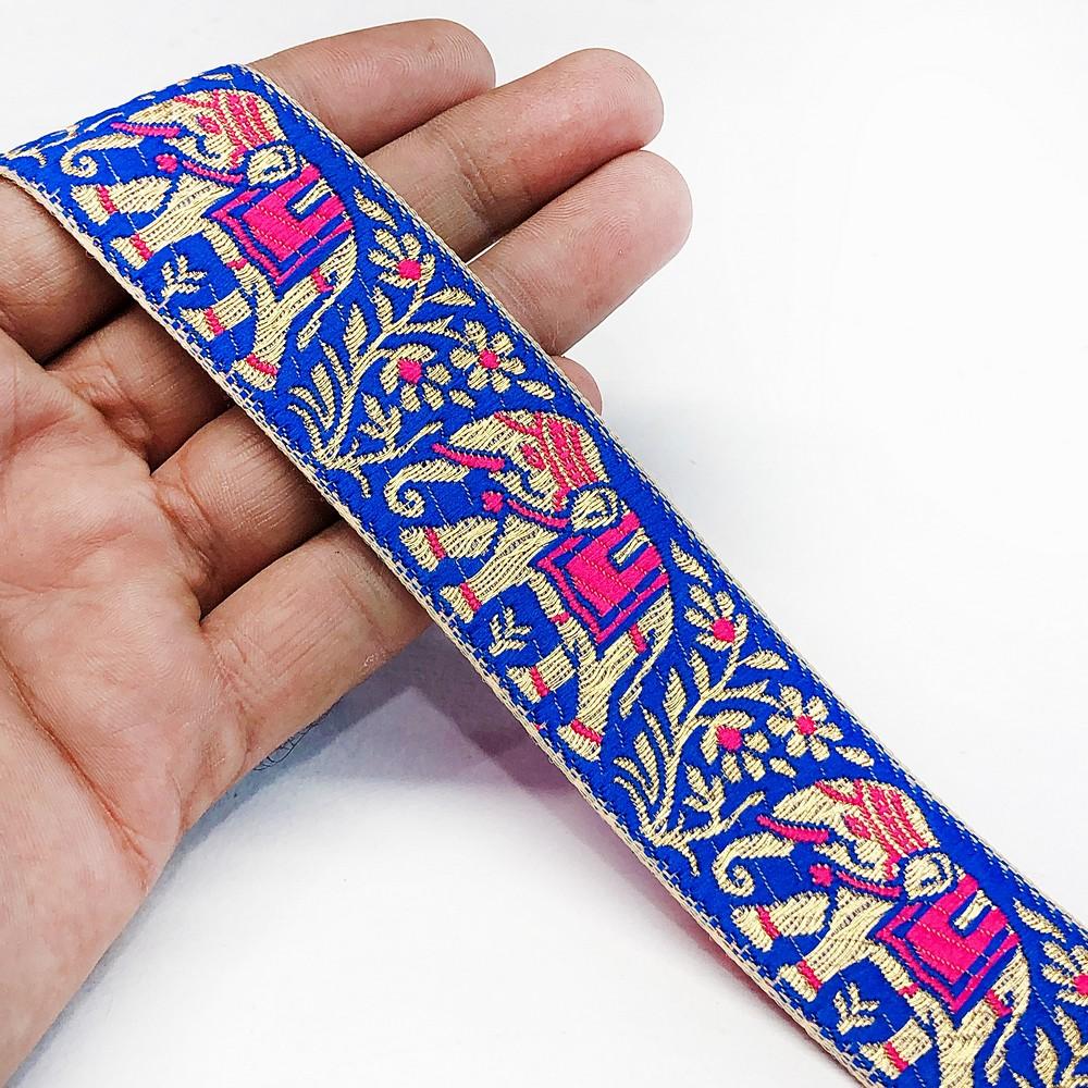 30mm Banarasi Jacquard Elephant Designer Ribbon, shown on white cotton