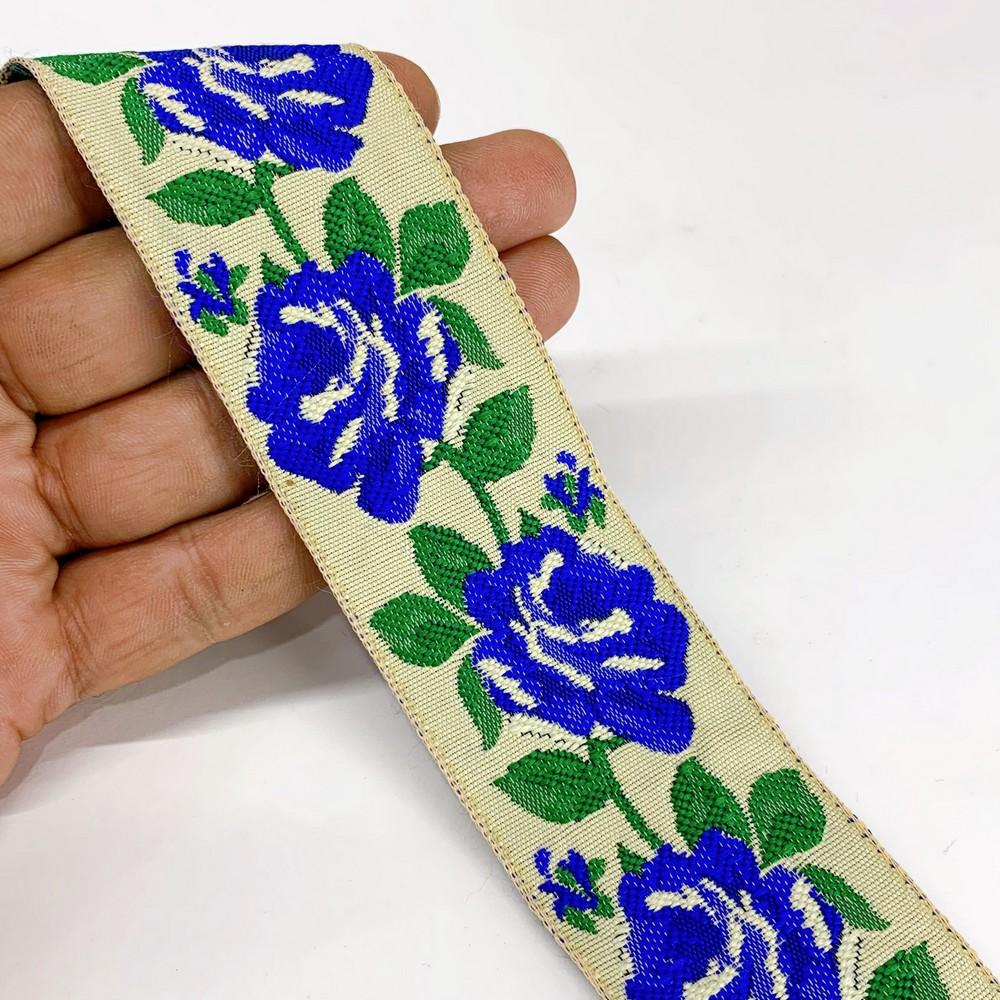 40mm Flower Design Jacquard Ribbon, shown on white cotton