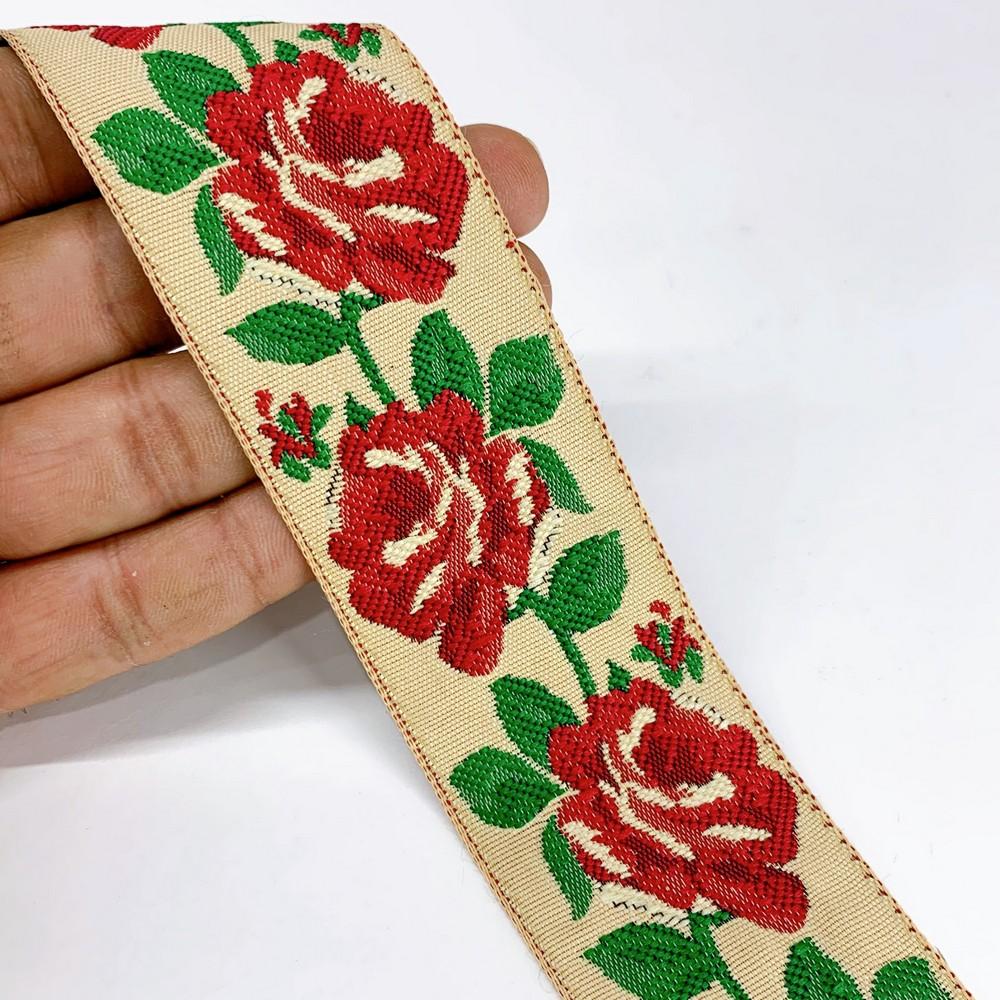 40mm Flower Design Jacquard Ribbon, shown on white cotton