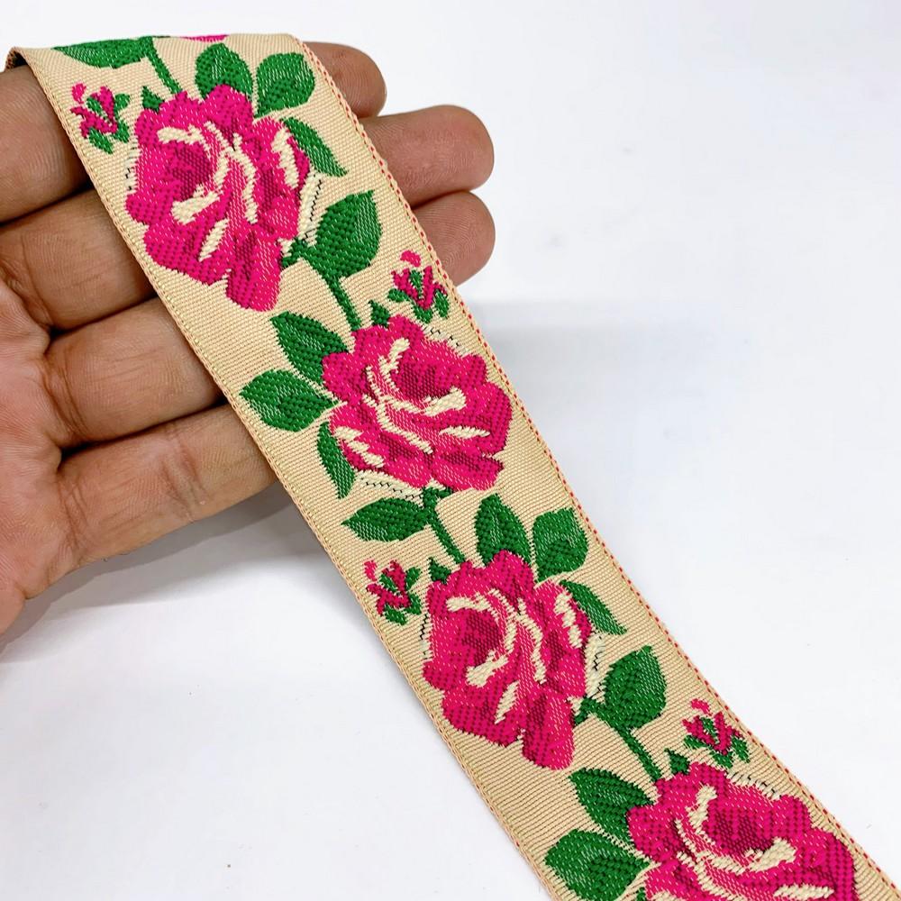 40mm Flower Design Jacquard Ribbon, shown on white cotton