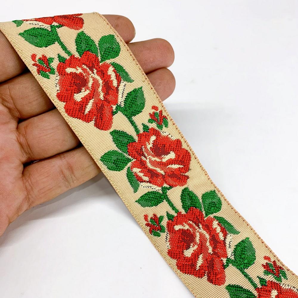 40mm Flower Design Jacquard Ribbon, shown on white cotton