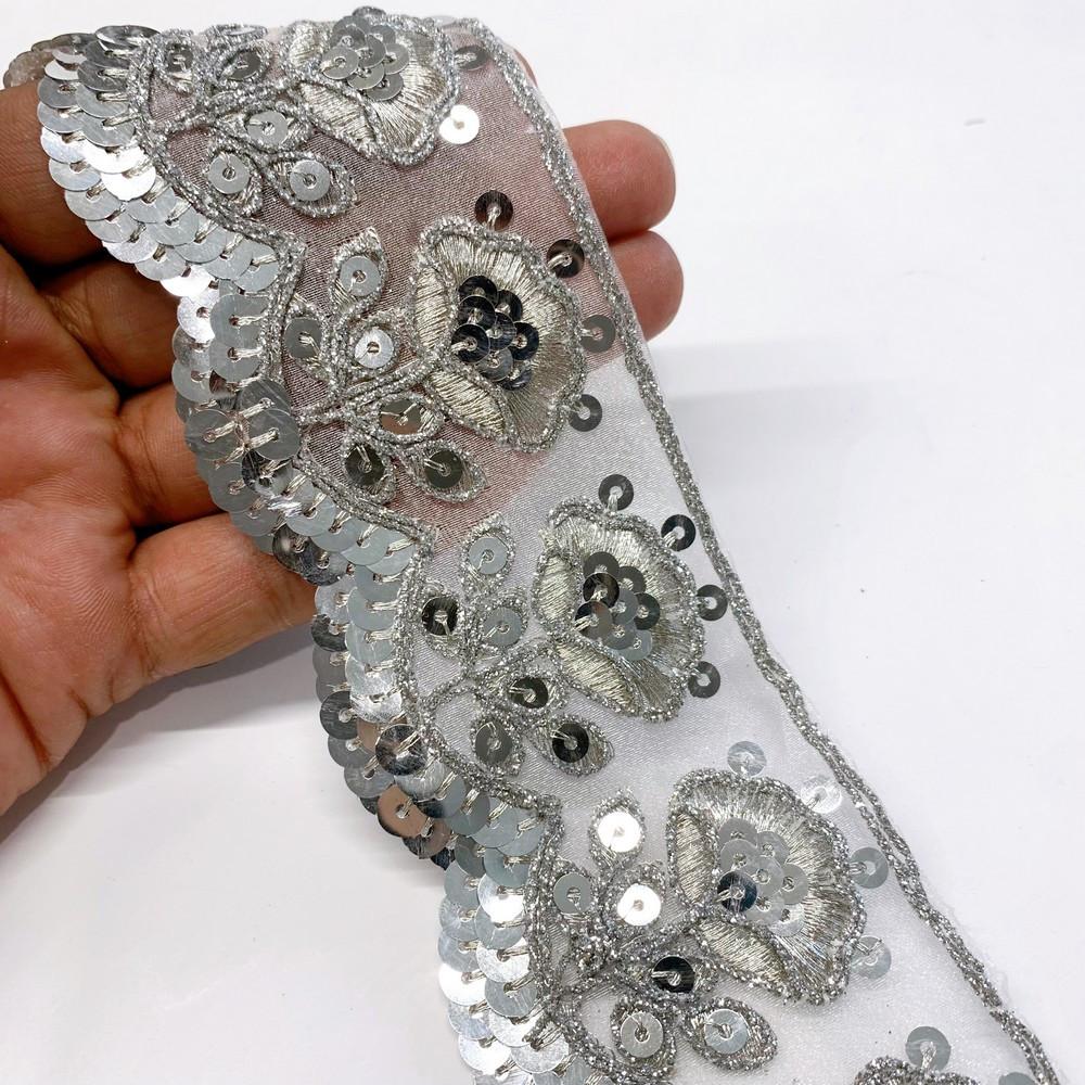 56 mm Designer Flower Cutwork Embroidery Lace With Sequins And Dori work, shown on white cotton